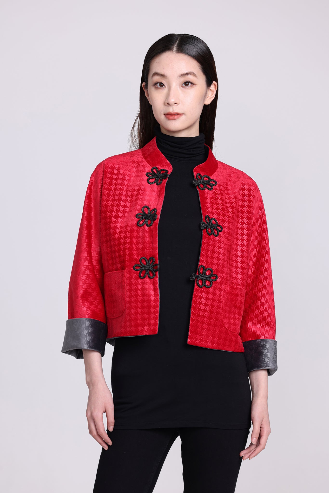 PANSY Houndstooth Vvt Reversible Oriental Jkt (Red & DkGrey)