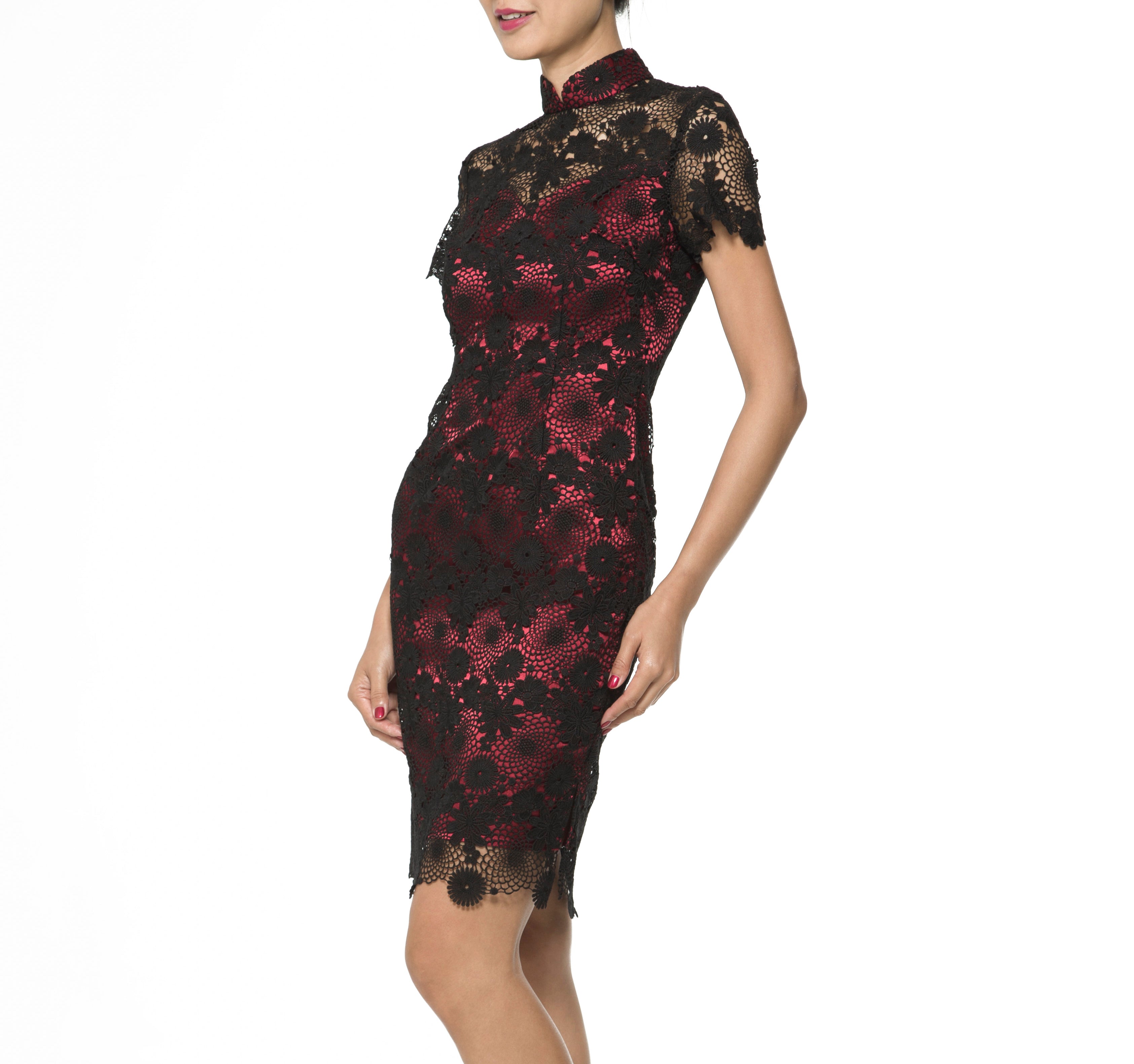 BLACK AND RED SHORT SLEEVES QIPAO WITH EMBROIDERED LACE TOP LAYER