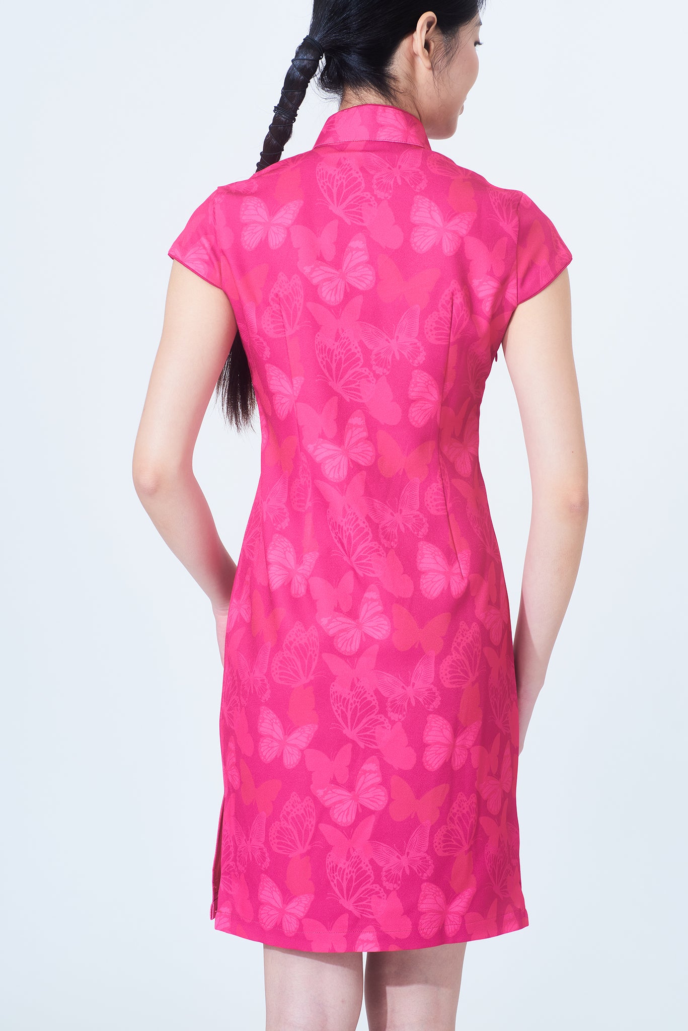 Yiming MIRANDA 桃紅色蝴蝶印花長款旗袍