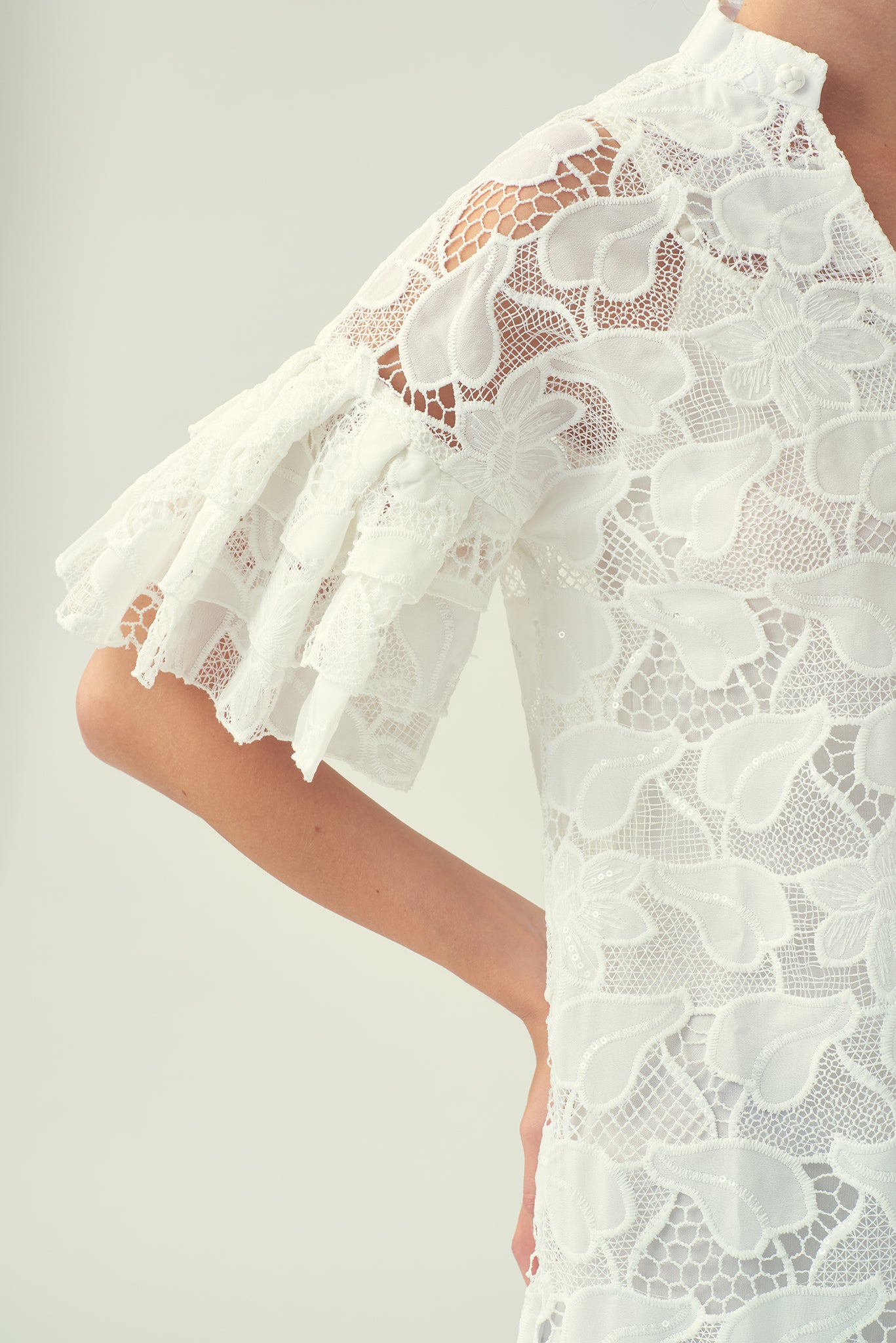 NIKI Layered Drop Slv Open-Neck Dress (White)
