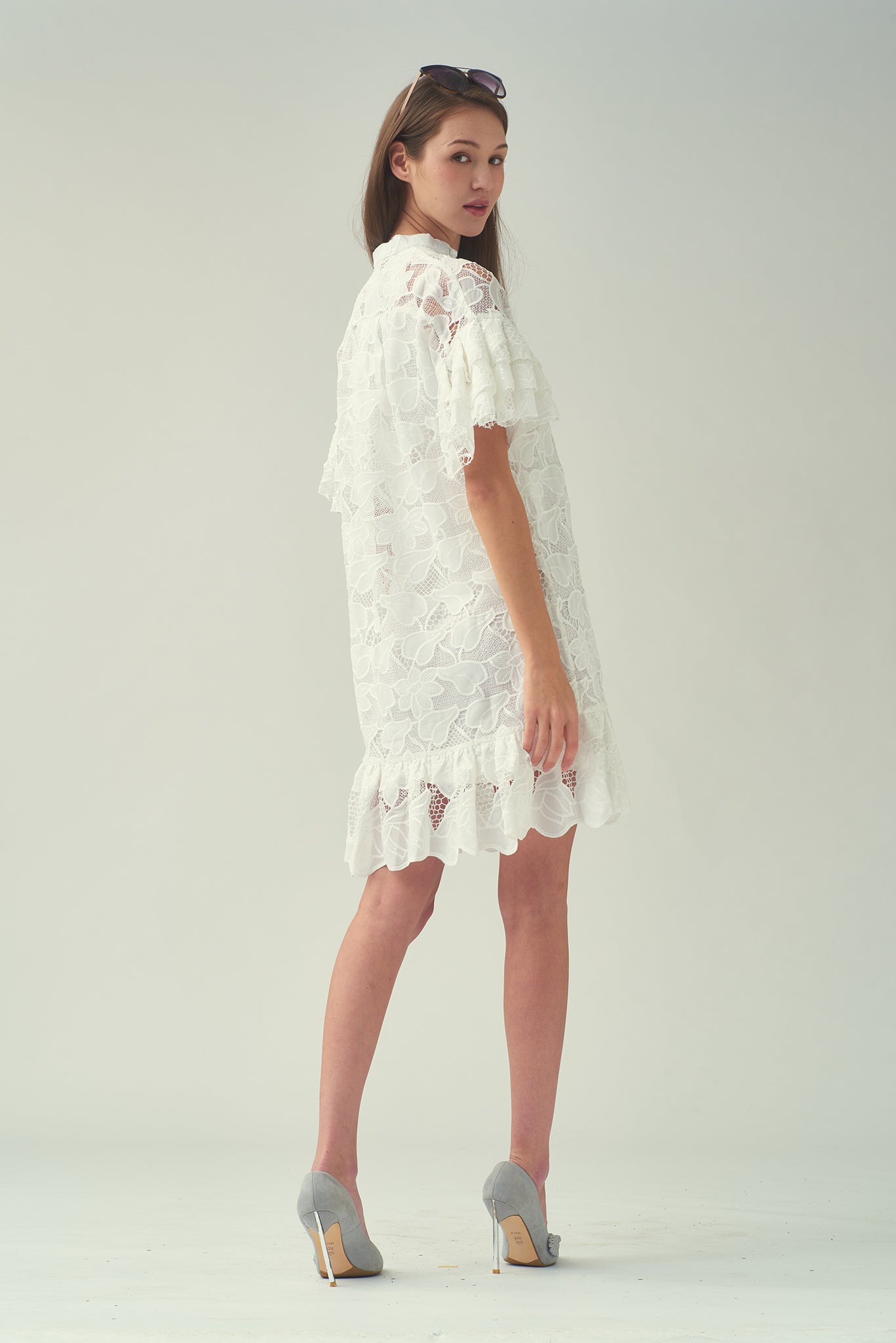 NIKI Layered Drop Slv Open-Neck Dress (White)