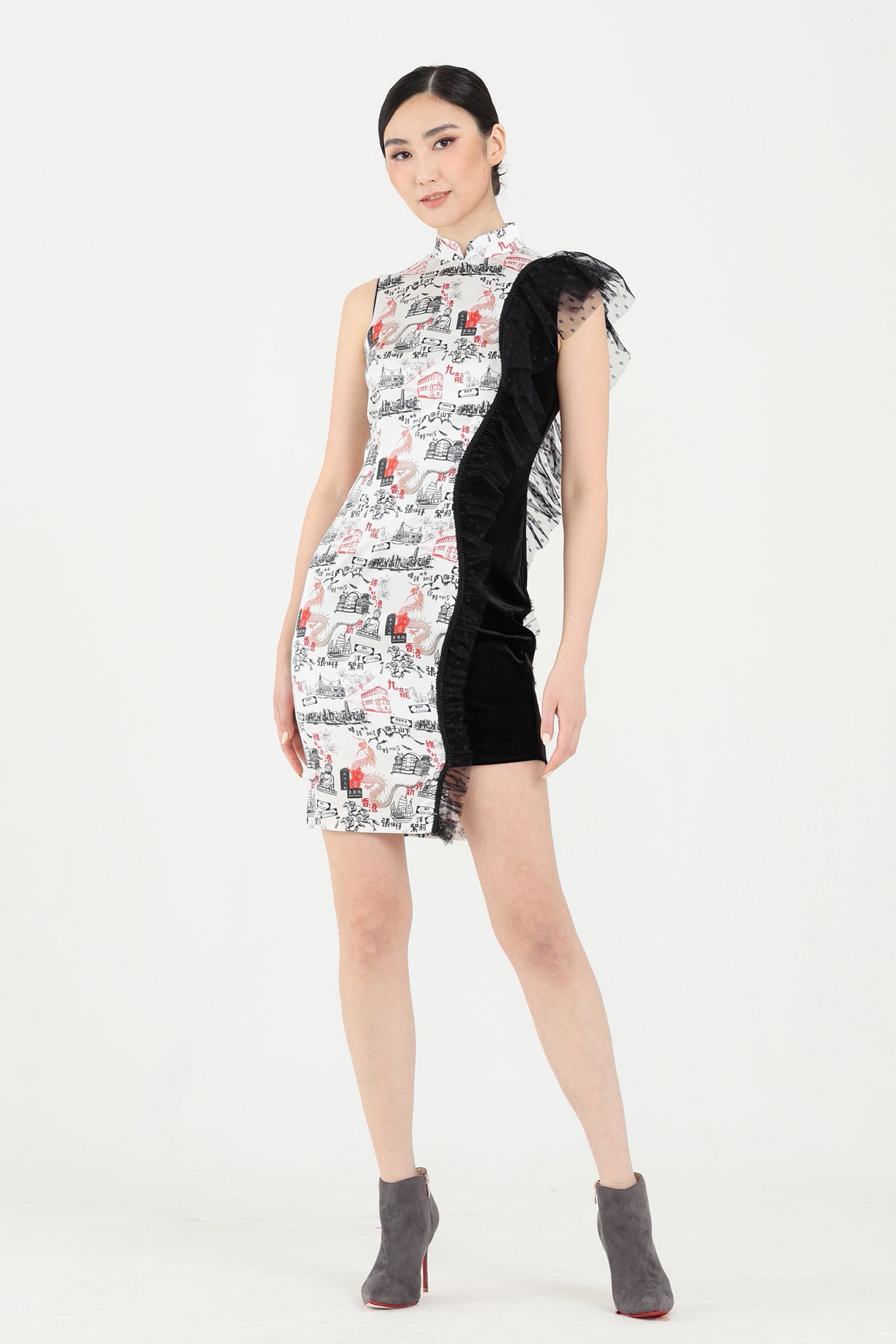 PATRICIA HK Print Contrast Cheongsam (Black)