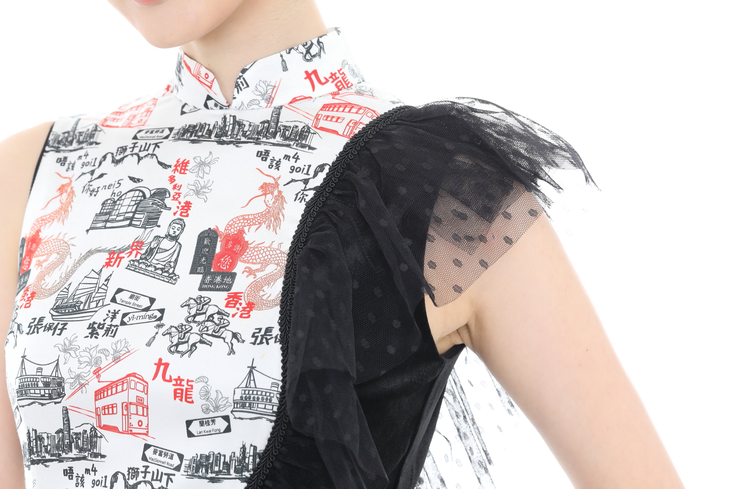 PATRICIA HK Print Contrast Cheongsam (Black)