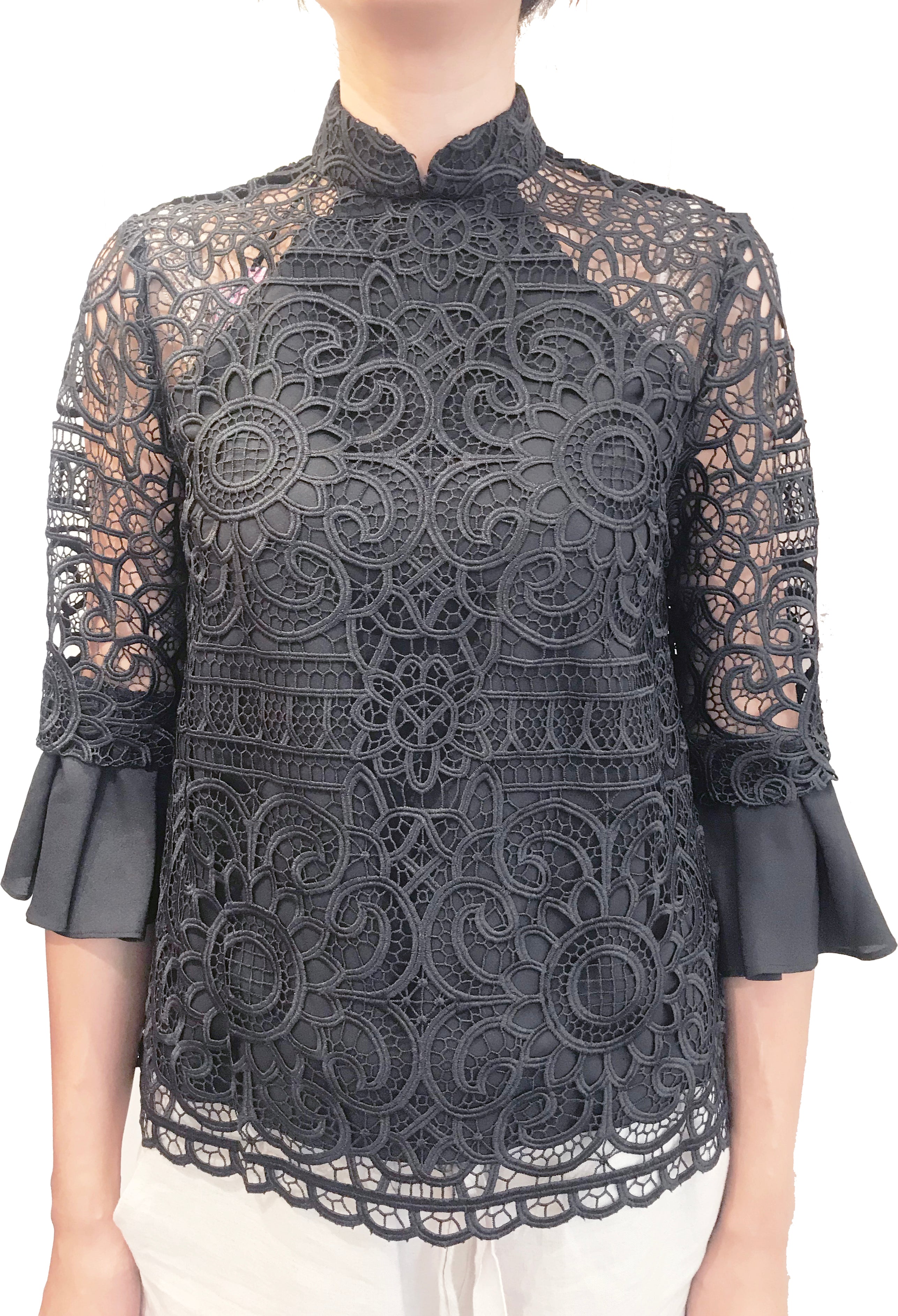 BLACK FLORAL LACE TOP WITH RUFFLED QUARTER SLEEVES-2