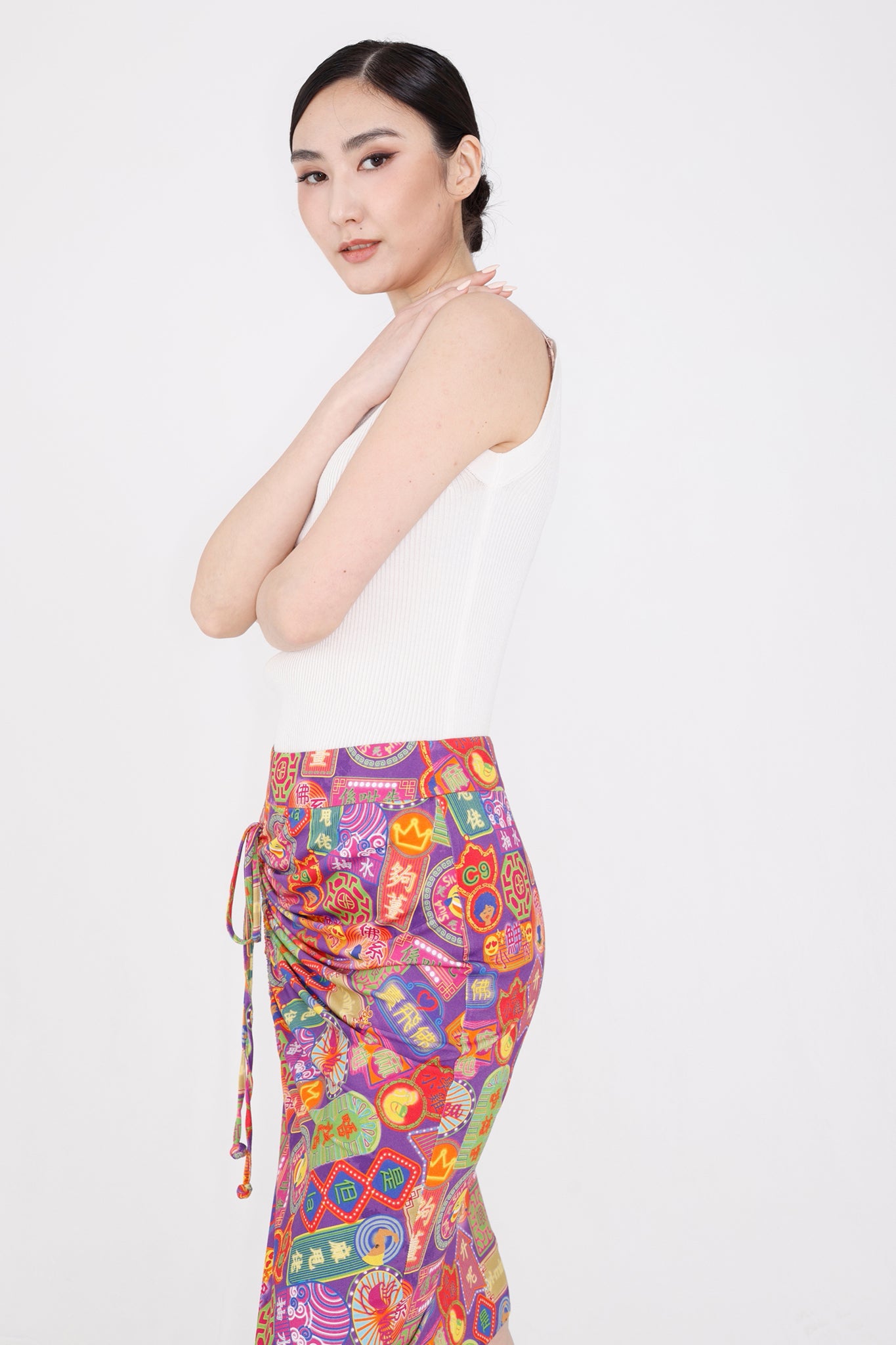 PATTY Canton-slang Print Jersey Drawstring Skirt (Purple)