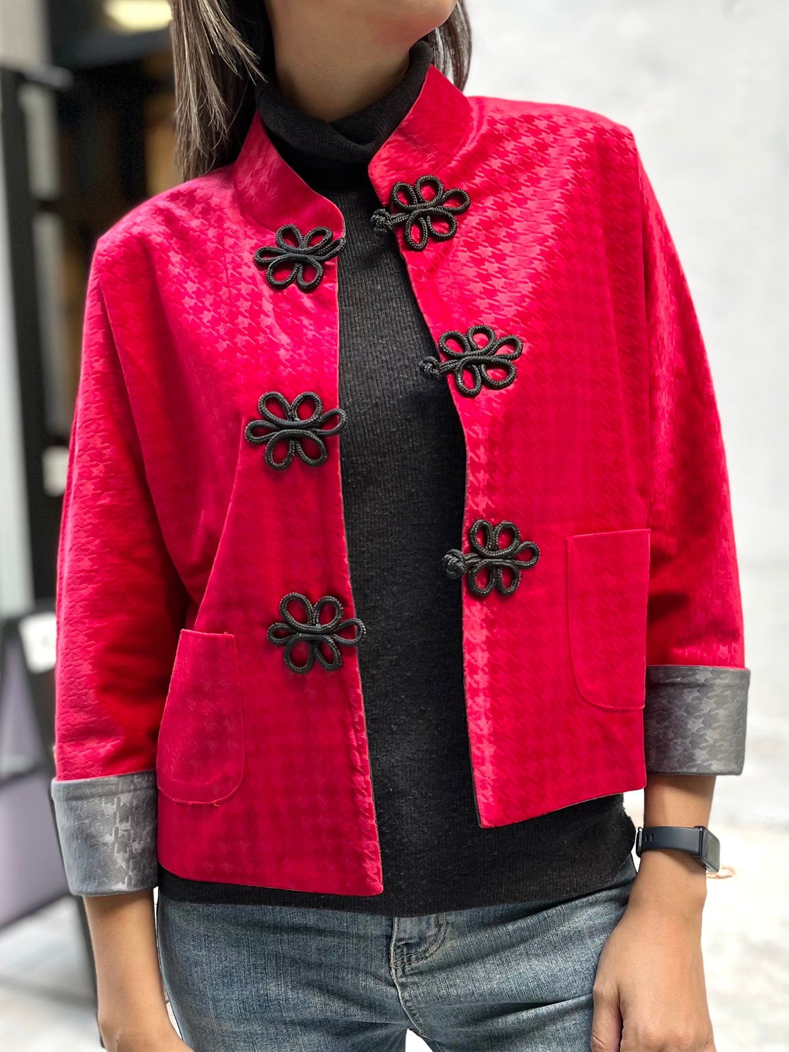PANSY Houndstooth Vvt Reversible Oriental Jkt (Red & DkGrey)