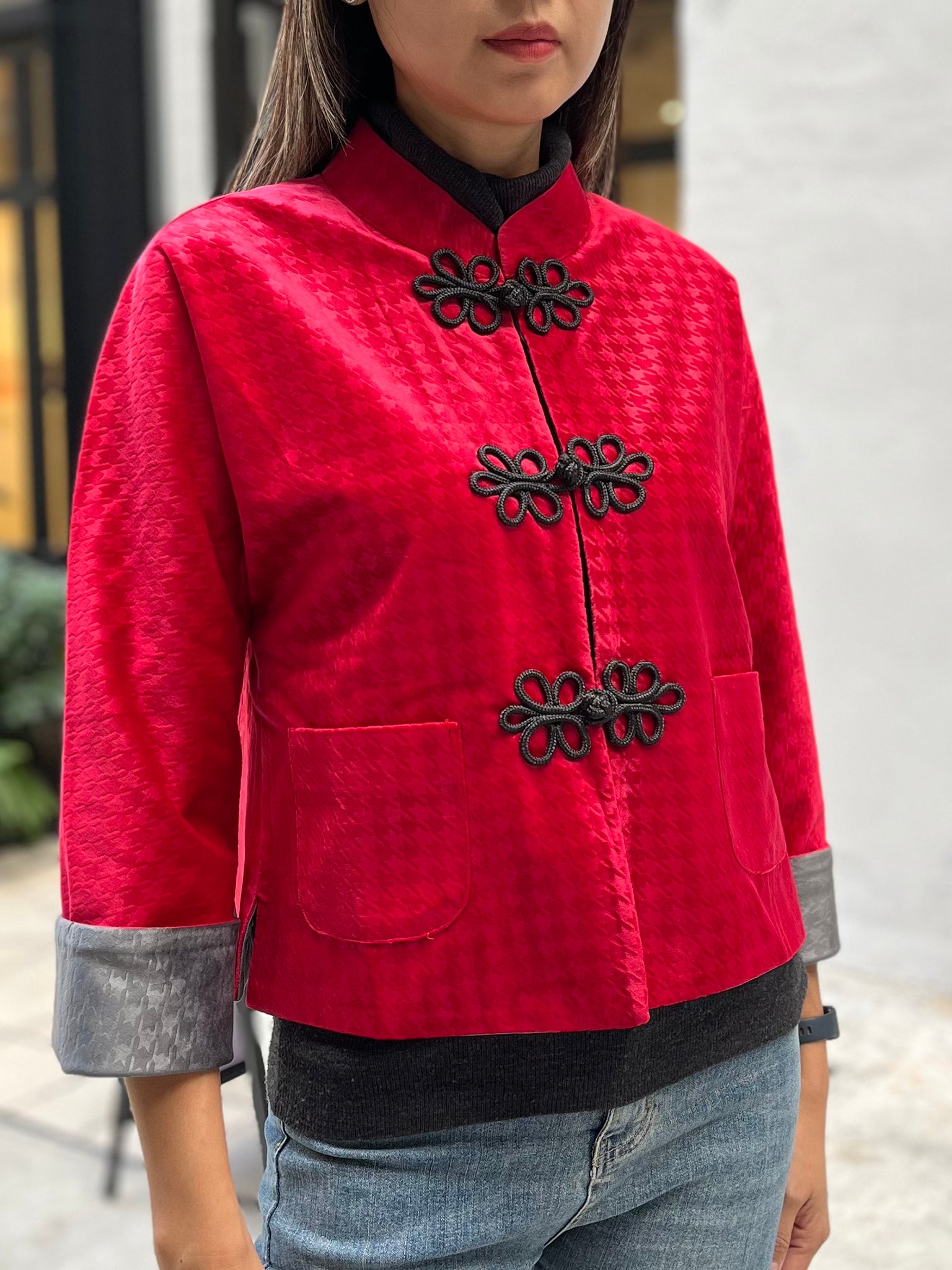 PANSY Houndstooth Vvt Reversible Oriental Jkt (Red & DkGrey)