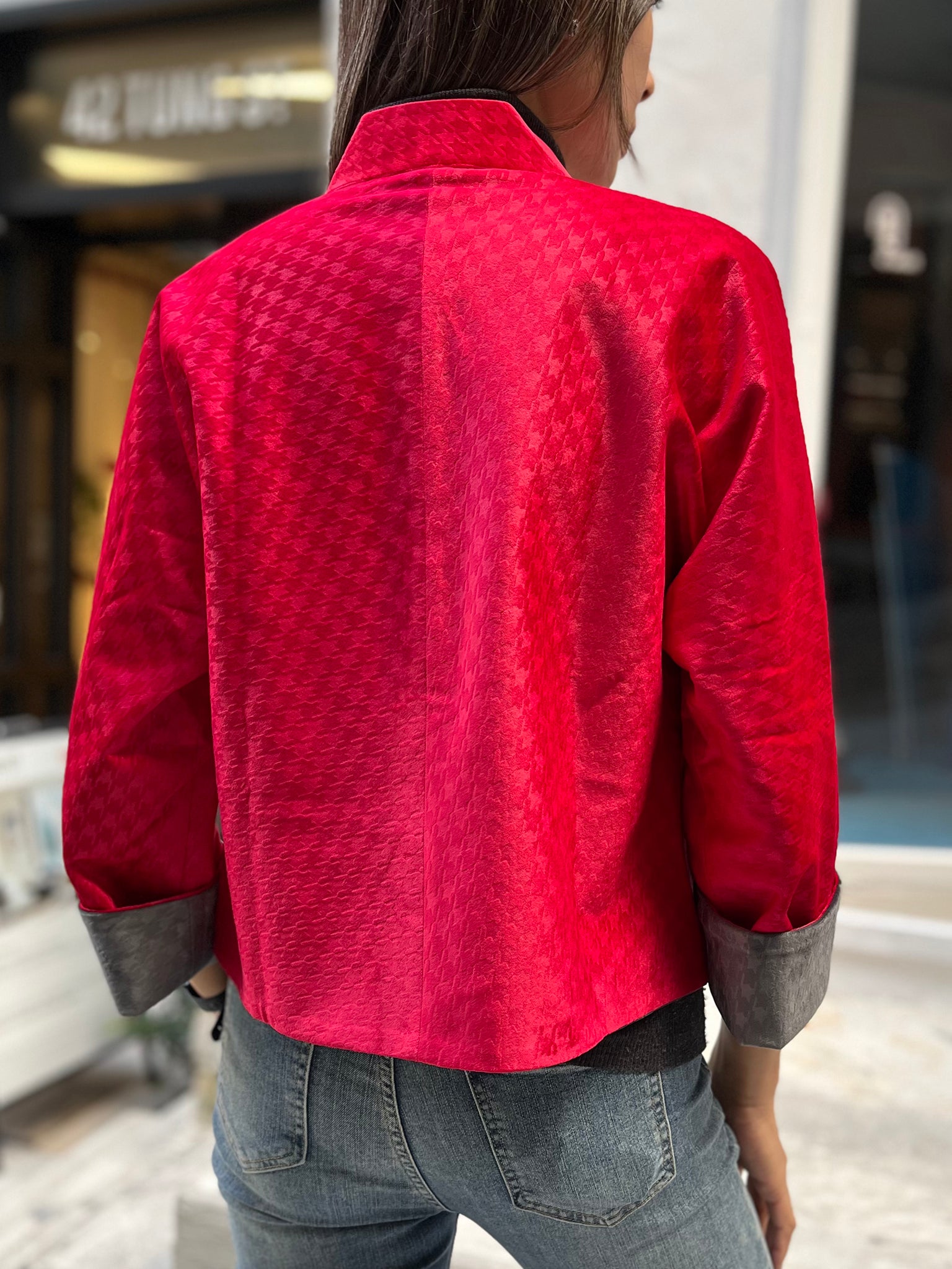 PANSY Houndstooth Vvt Reversible Oriental Jkt (Red & DkGrey)