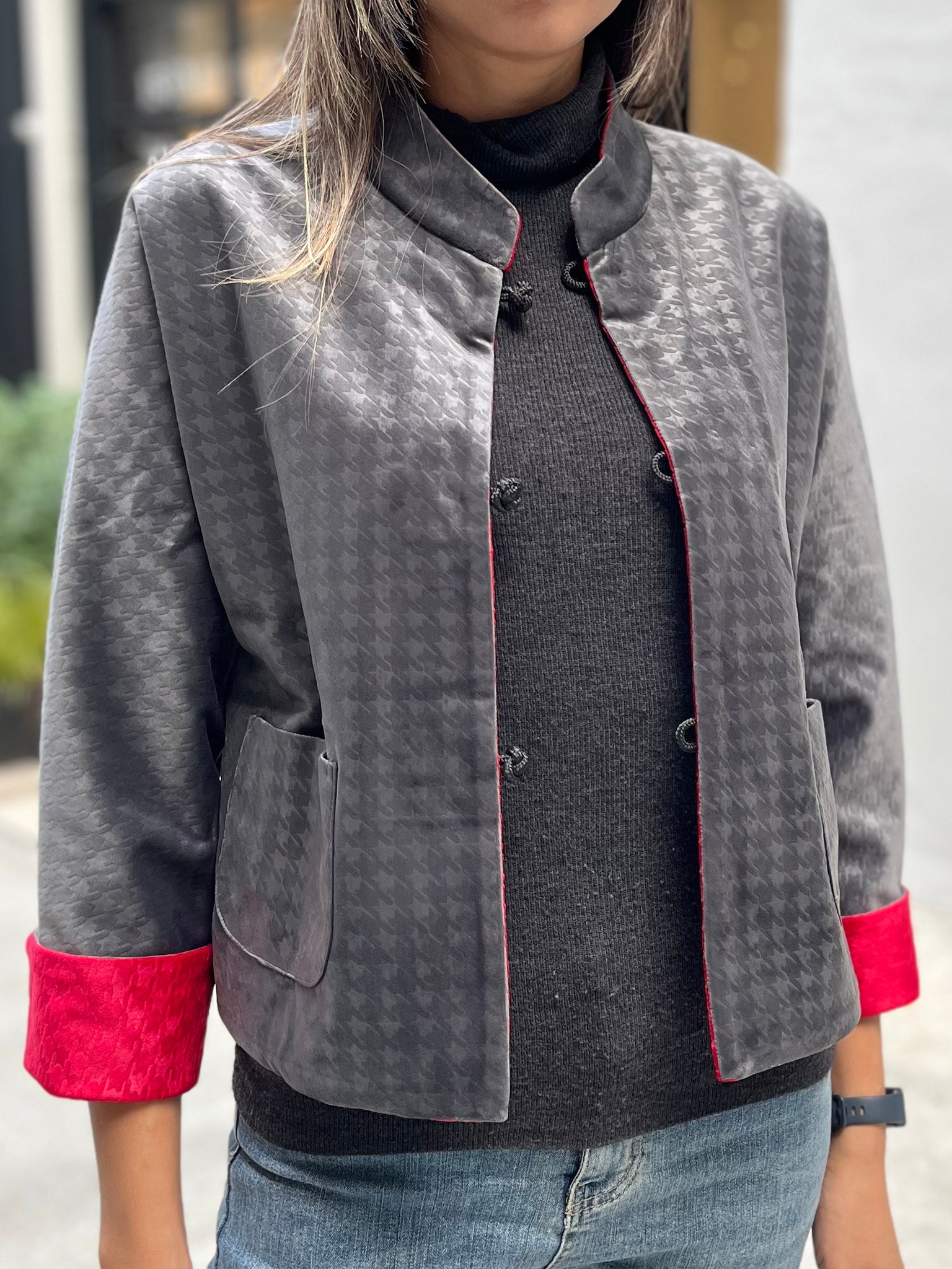 PANSY Houndstooth Vvt Reversible Oriental Jkt (Red & DkGrey)