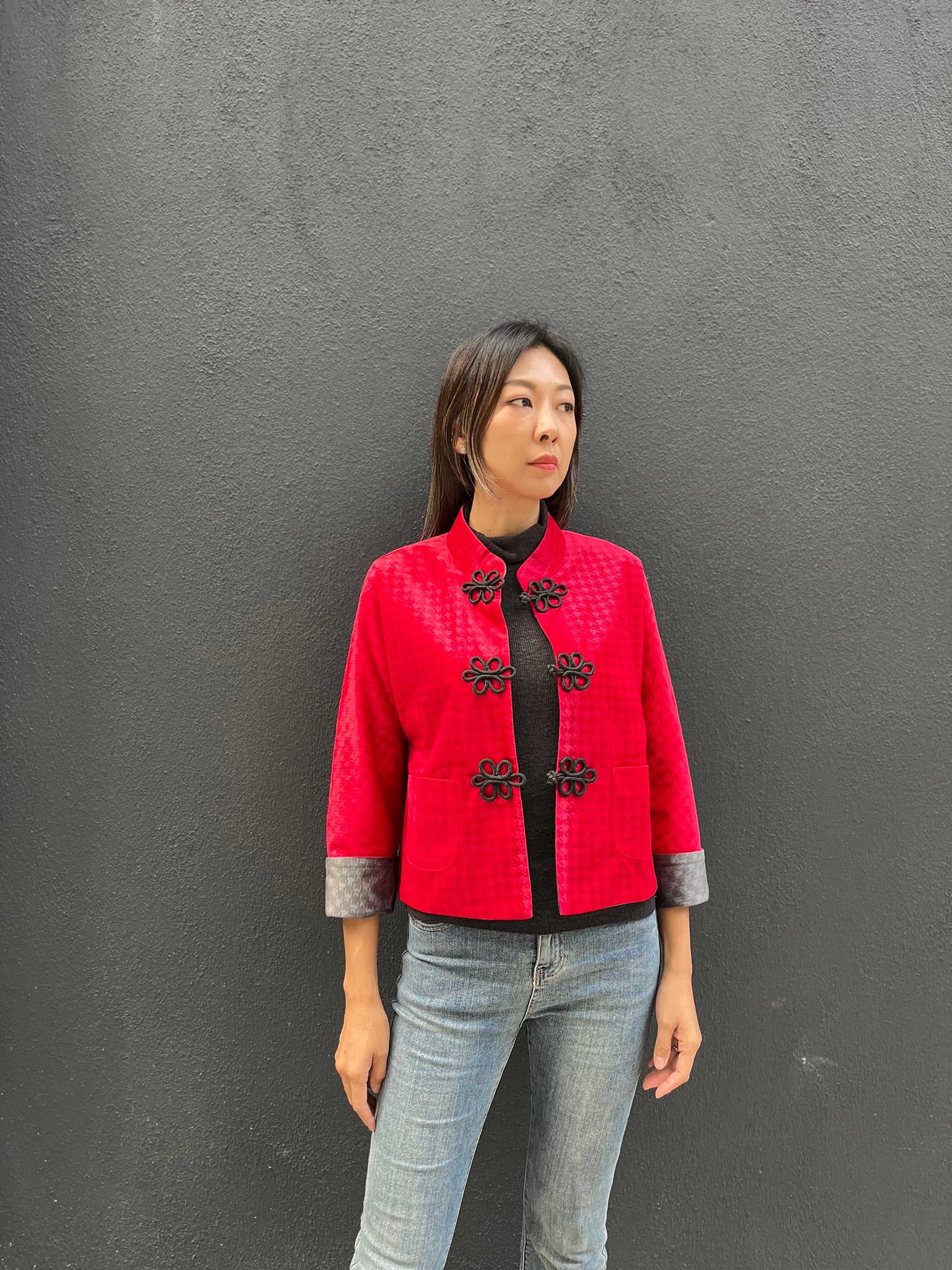 PANSY Houndstooth Vvt Reversible Oriental Jkt (Red & DkGrey)