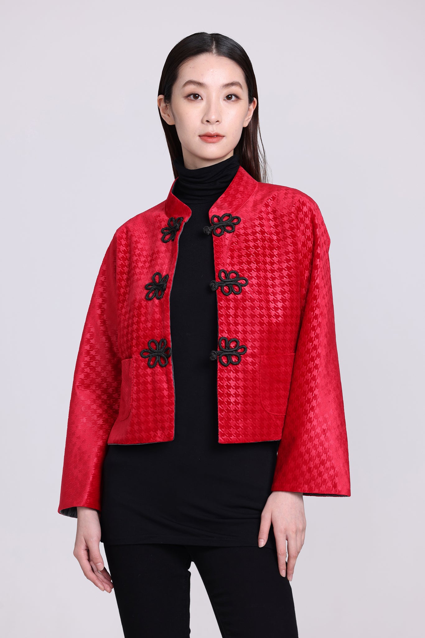 Yi-ming PANSY千鳥格絨雙面中式外套(紅/深灰)