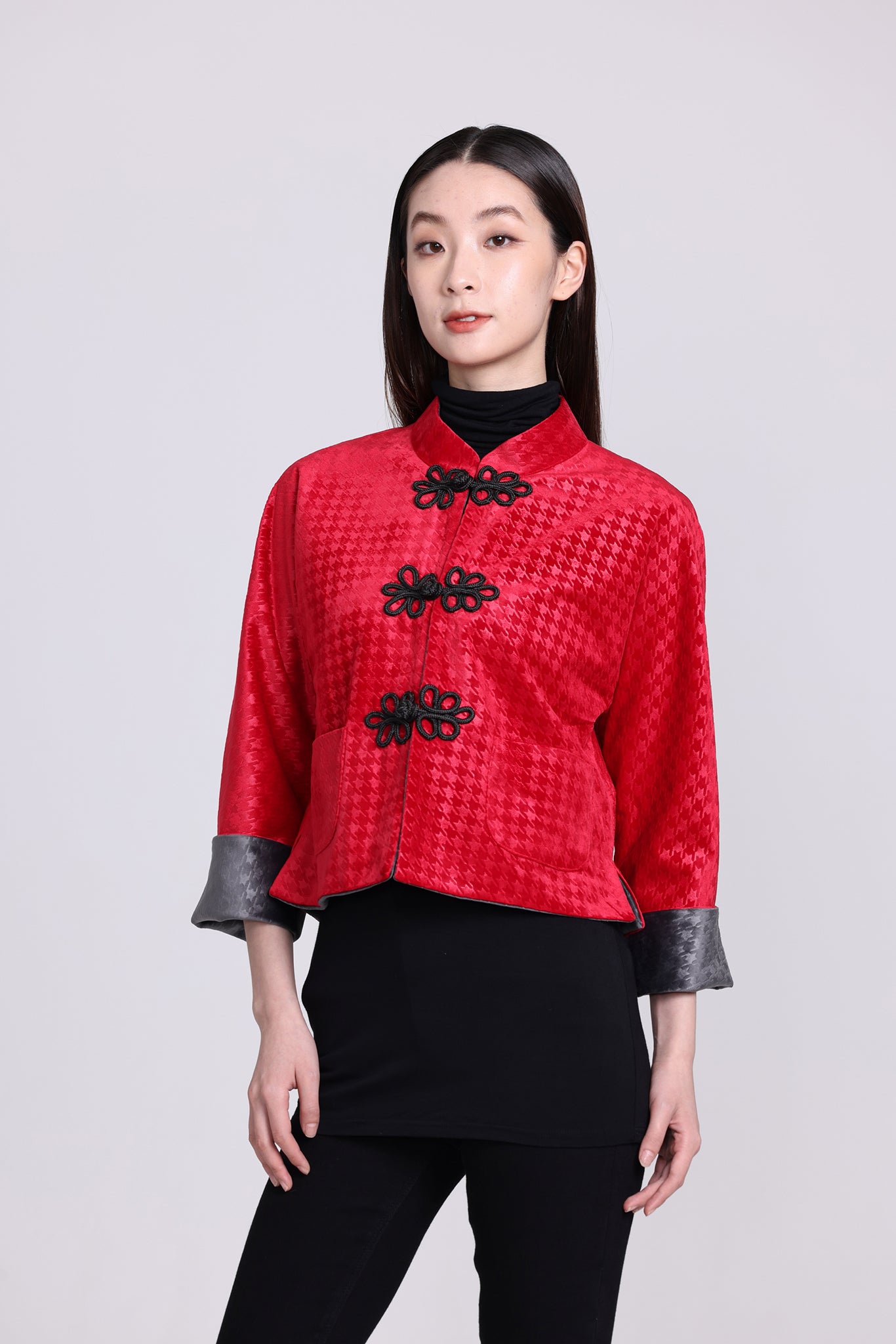 PANSY Houndstooth Vvt Reversible Oriental Jkt (Red & DkGrey)