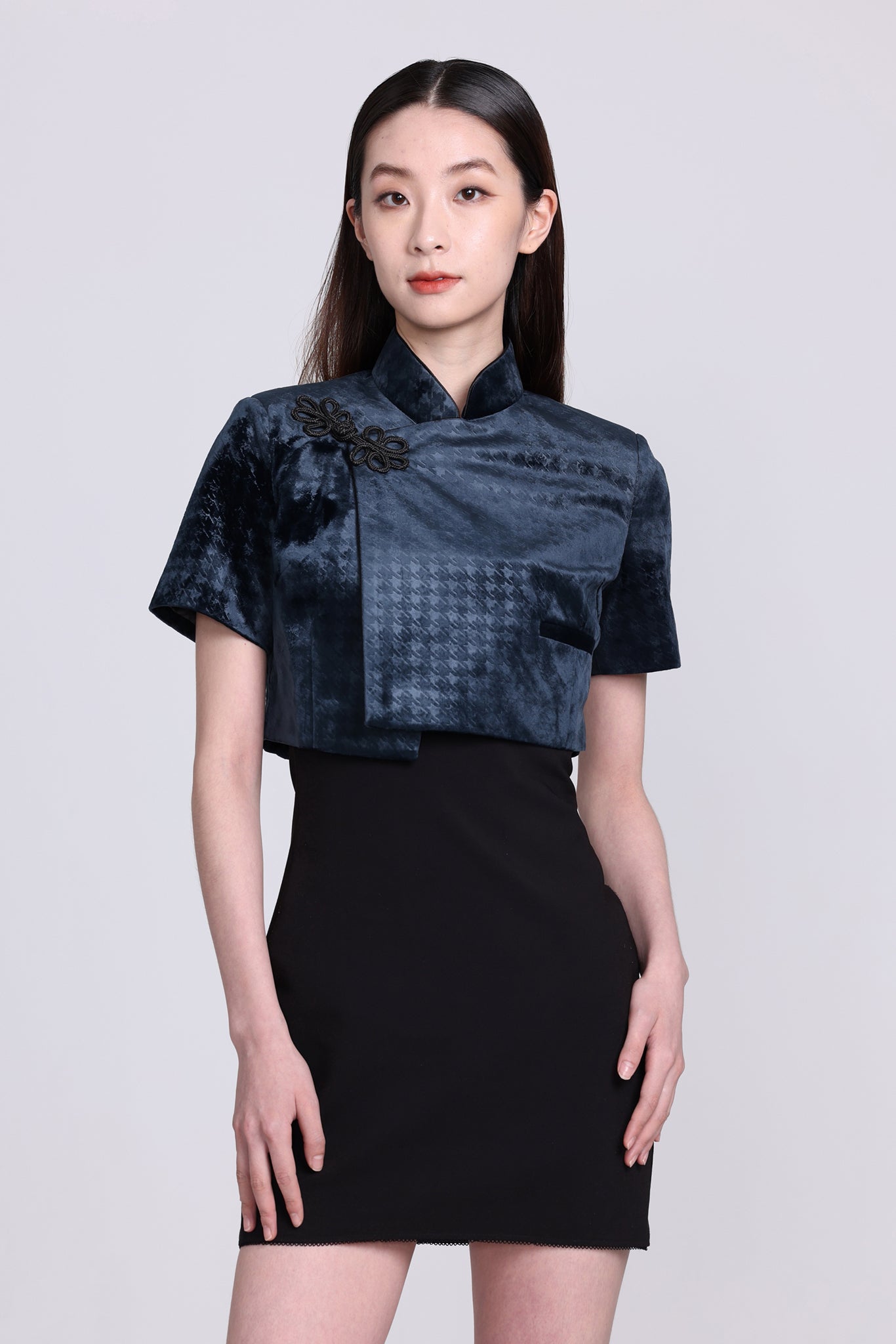 PERLA 千鳥格 Vvt 短袖短版外套(海軍藍)
