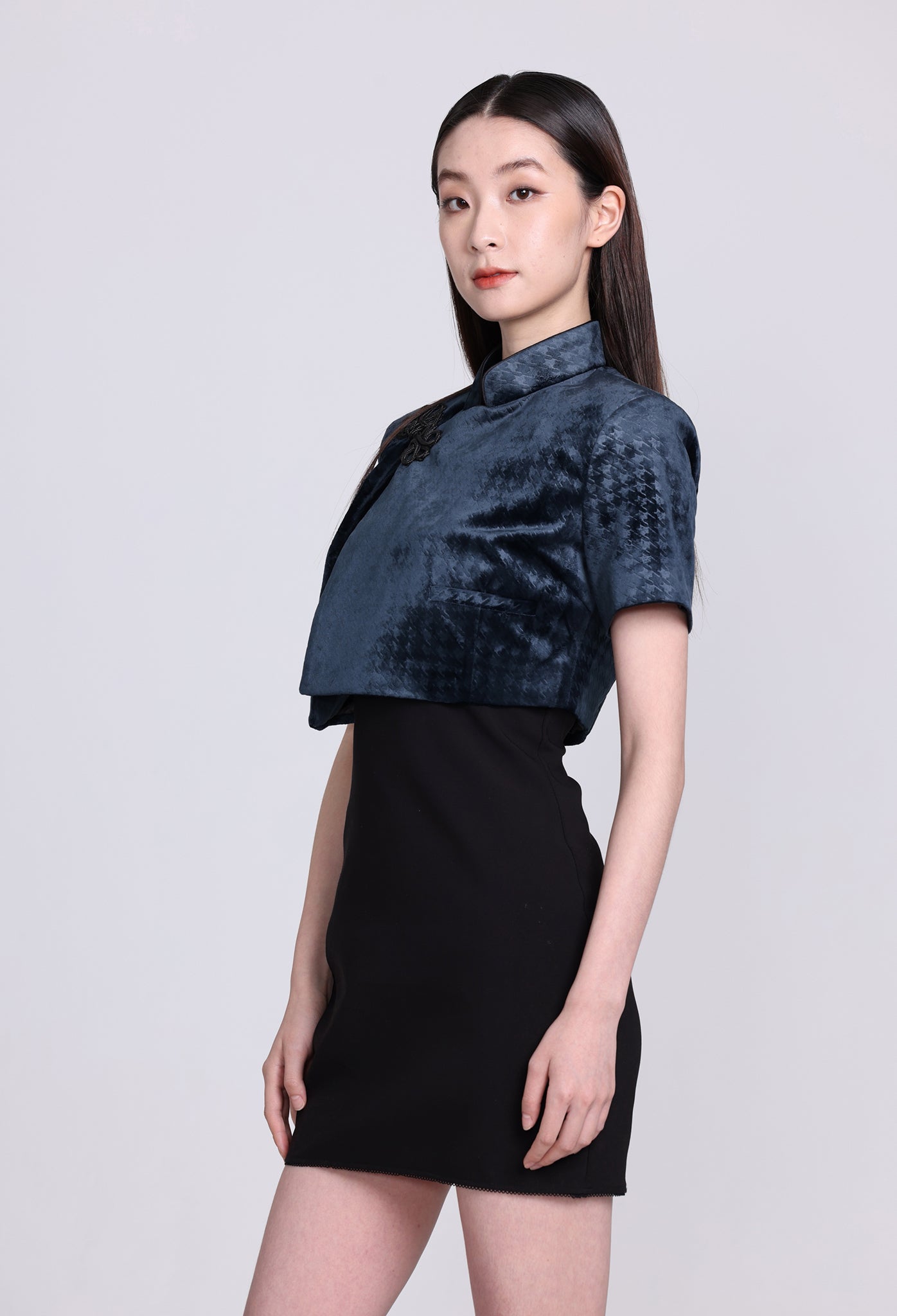 PERLA 千鳥格 Vvt 短袖短版外套(海軍藍)