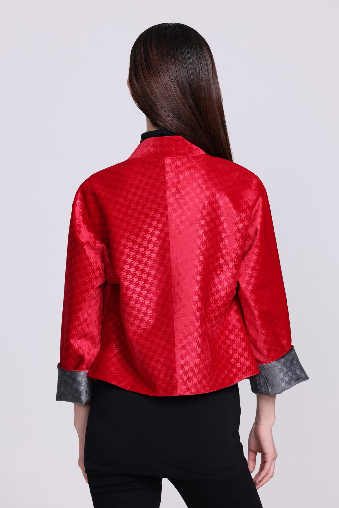 PANSY Houndstooth Vvt Reversible Oriental Jkt (Red & DkGrey)