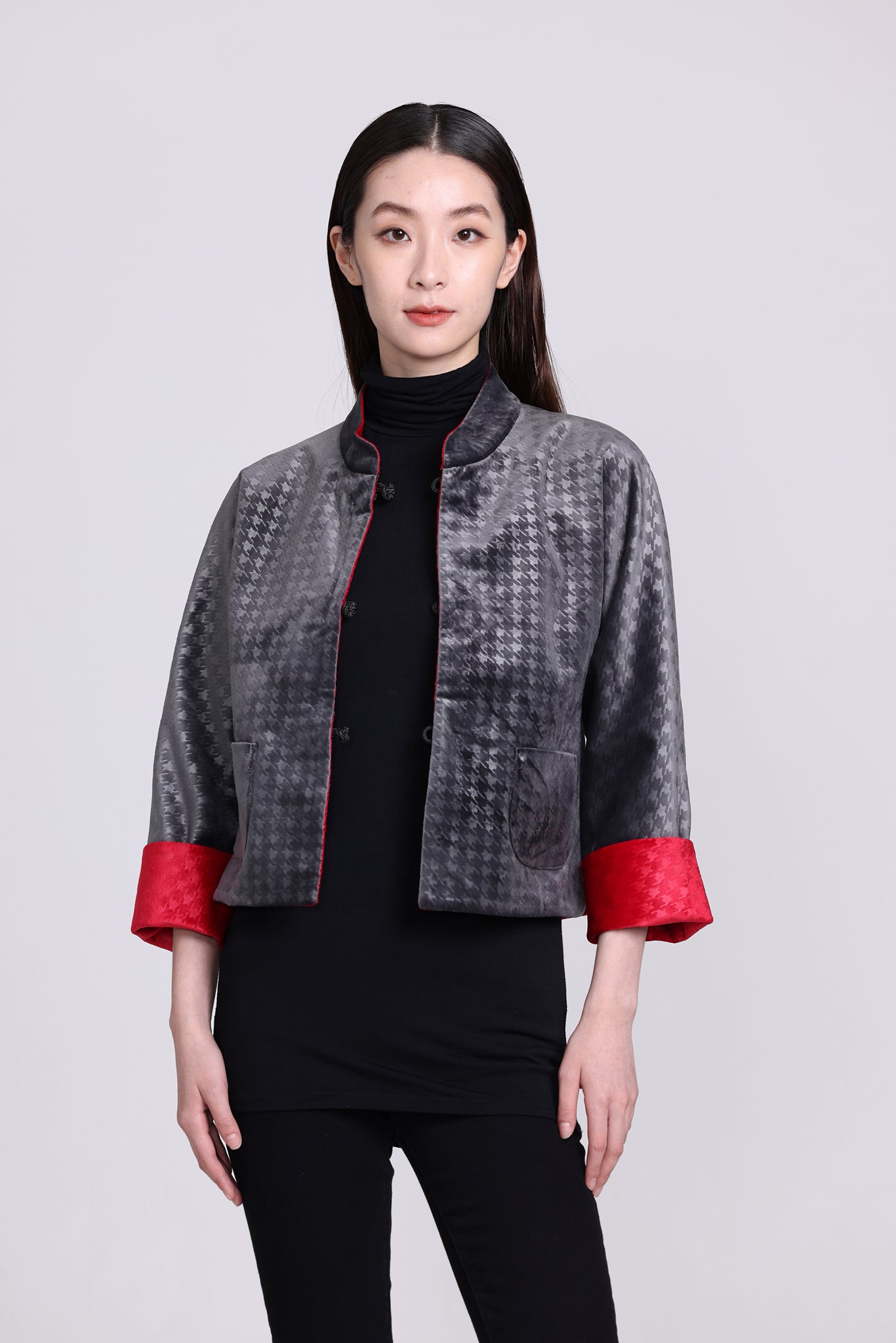 Yi-ming PANSY千鳥格絨雙面中式外套(紅/深灰)