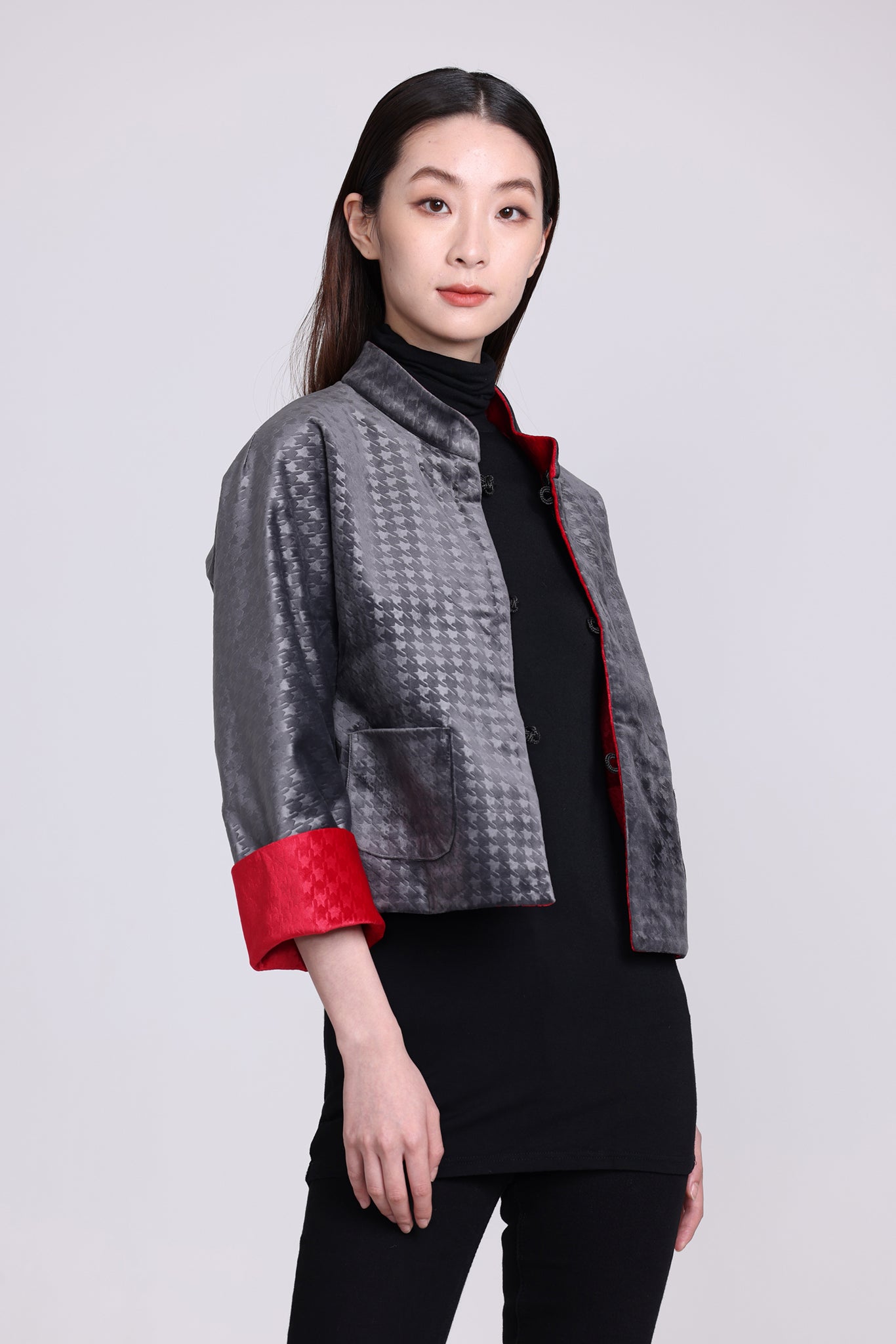 PANSY Houndstooth Vvt Reversible Oriental Jkt (Red & DkGrey)