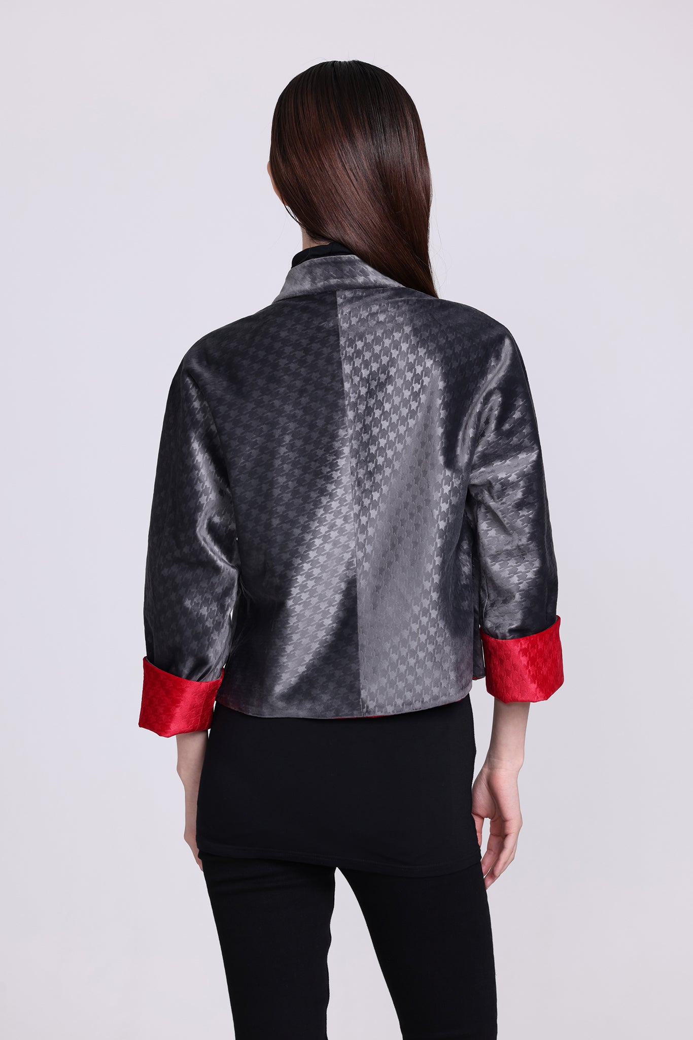 PANSY Houndstooth Vvt Reversible Oriental Jkt (Red & DkGrey)
