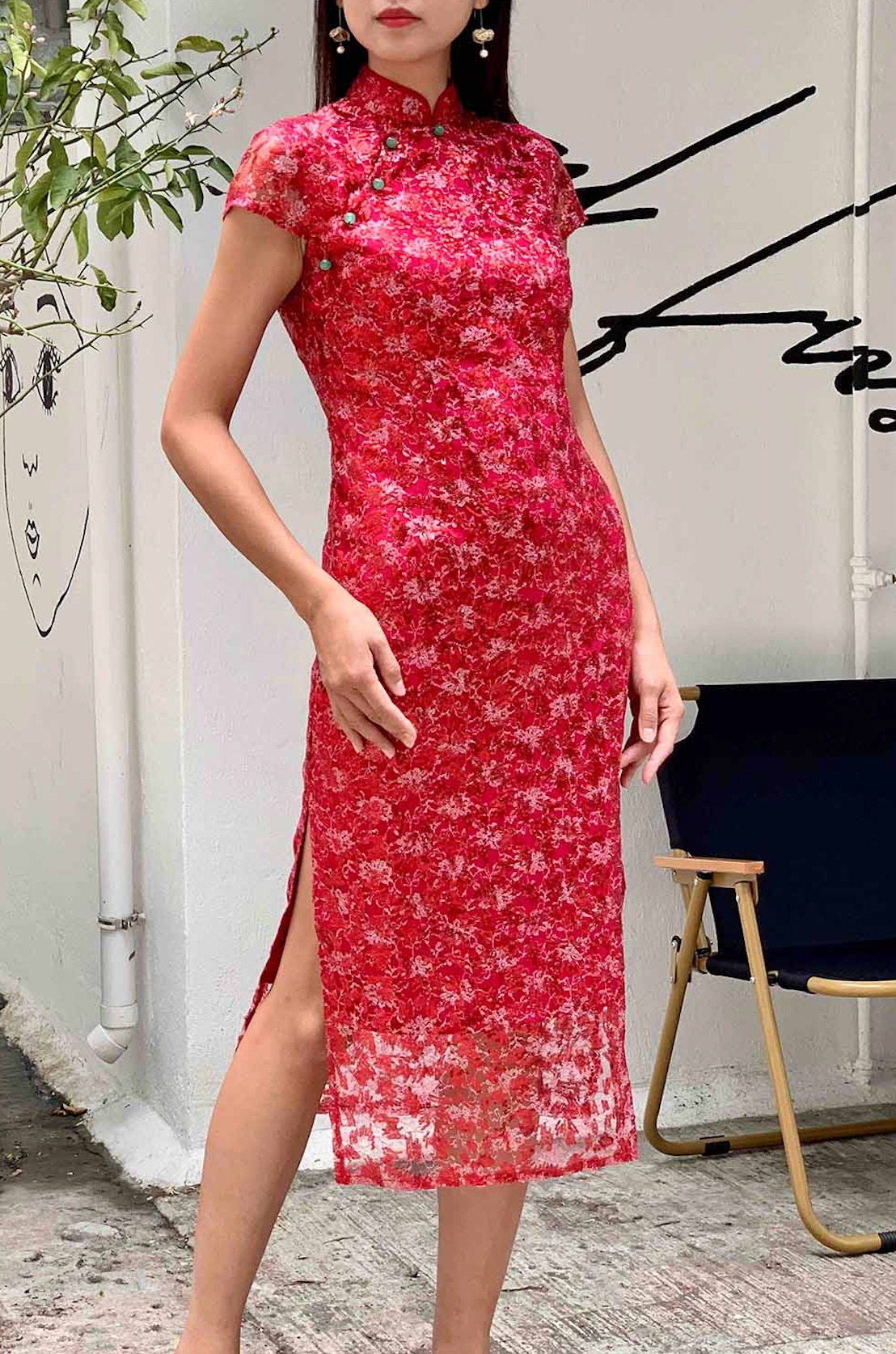 Yi-ming MARTHA 亮片紅色長旗袍