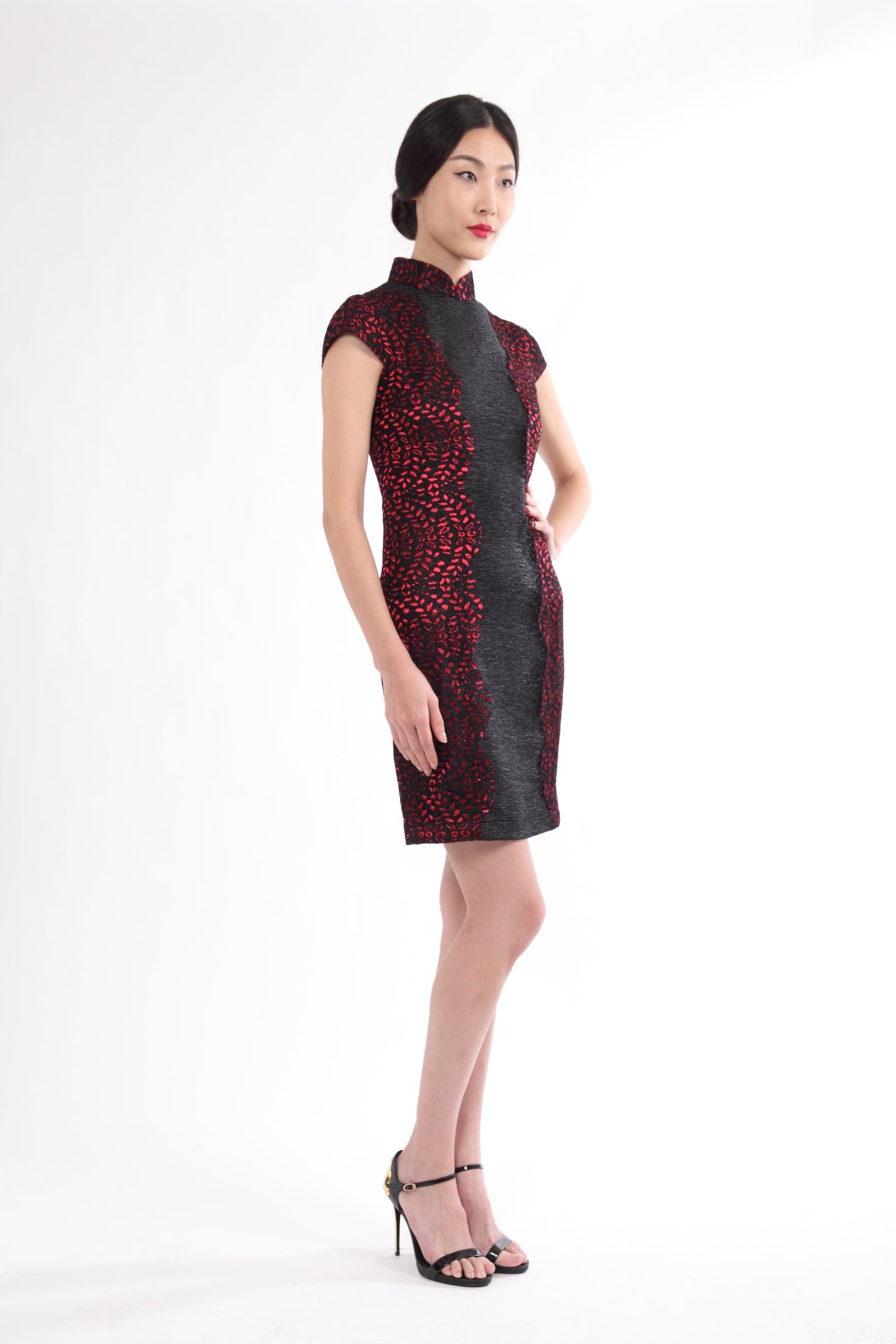 BLACK QIPAO WITH RED LACE SIDE PANEL