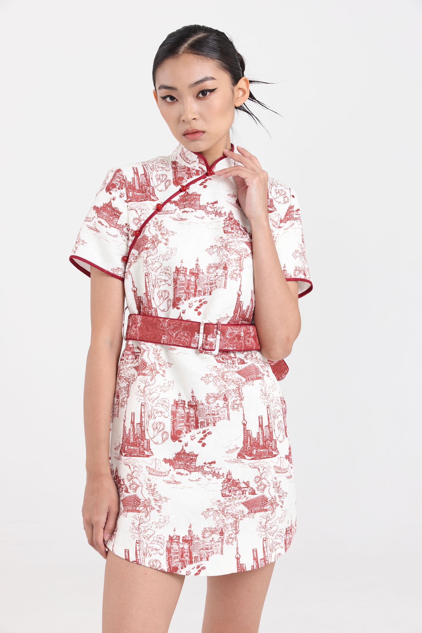 MACY 短身旗袍裙配雙面腰帶(白/紅)