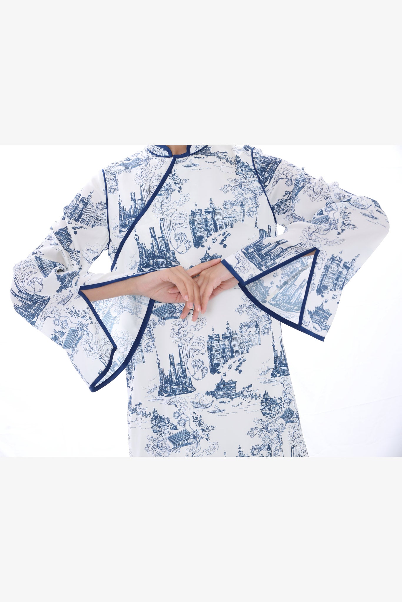 MADONNA SILK Long Slv A-line Cheongsam (White/ Navy)