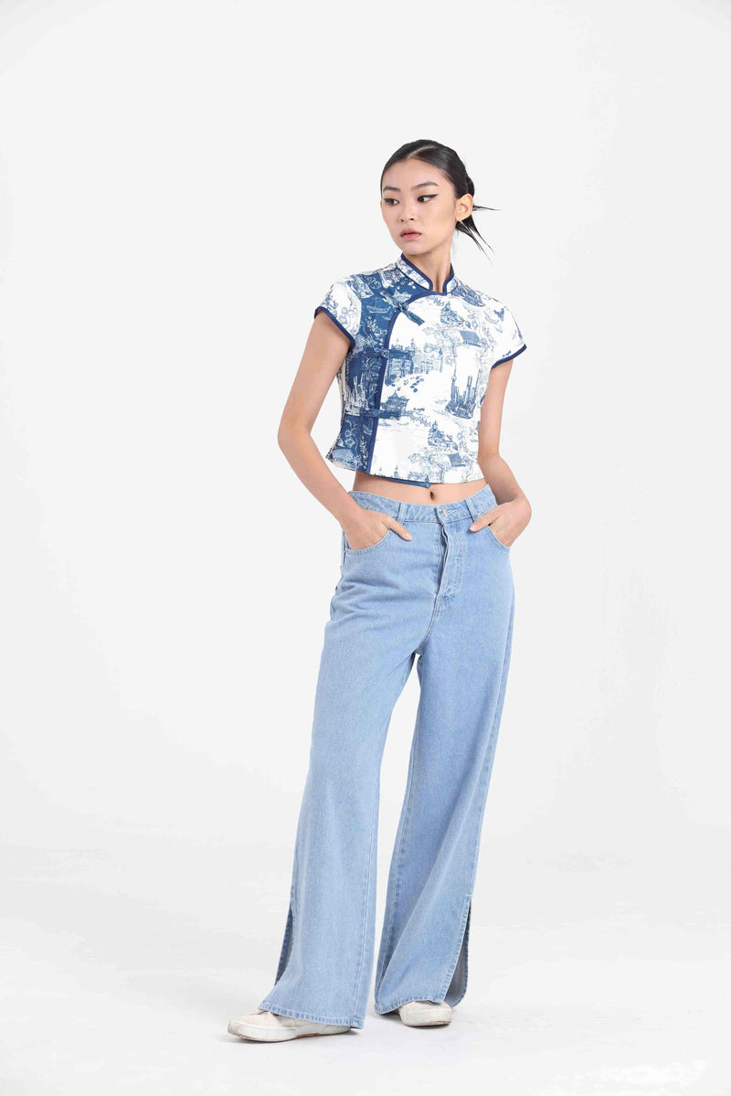 MIA Contrast Cropped Top (White/ Navy)