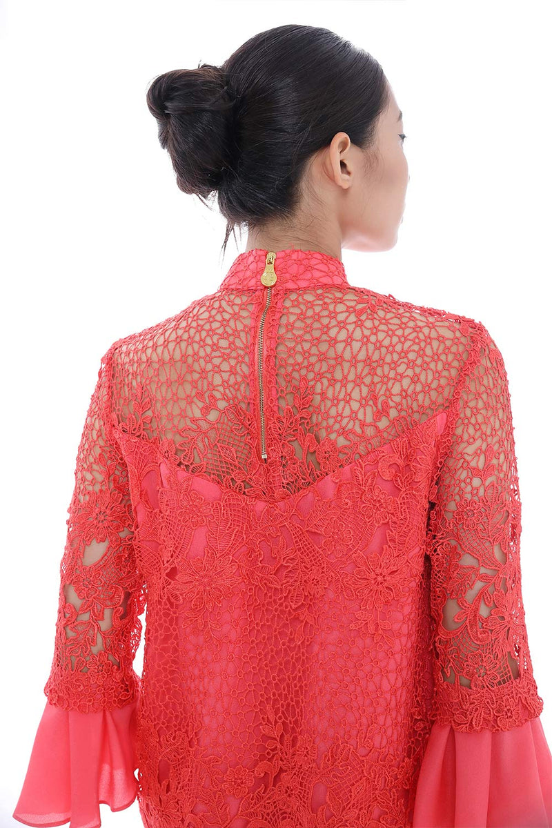 TANGERINE FLORAL LACE TOP WITH RUFFLED QUARTER SLEEVES