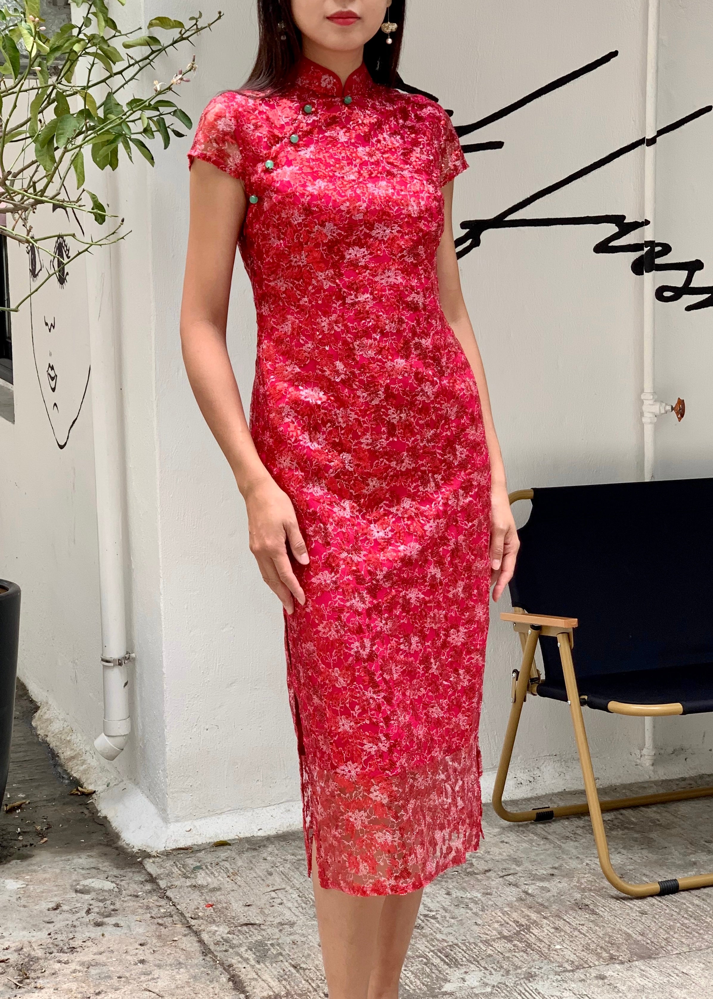 Yi-ming MARTHA 亮片紅色長旗袍