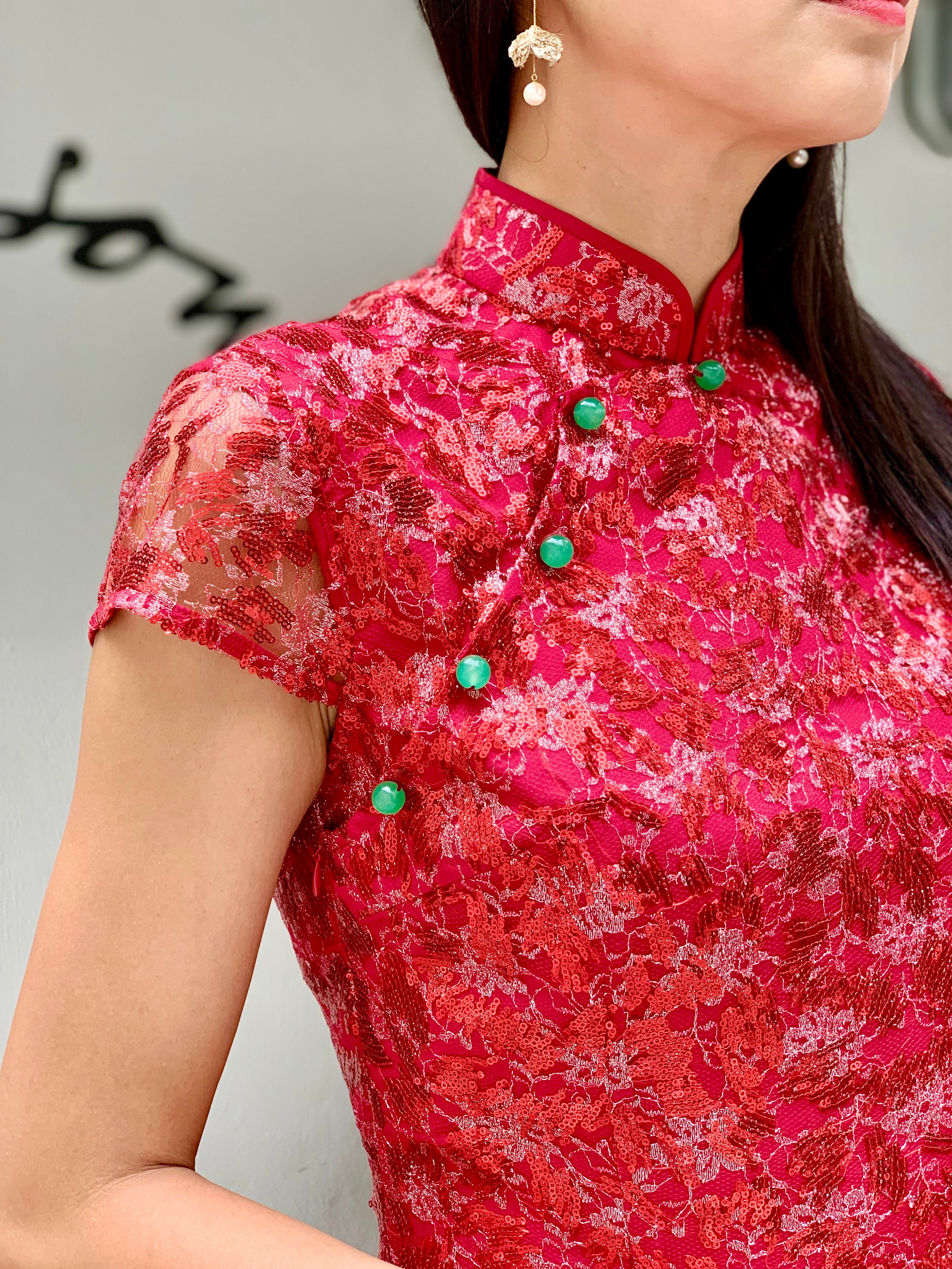 Yi-ming MARTHA 亮片紅色長旗袍