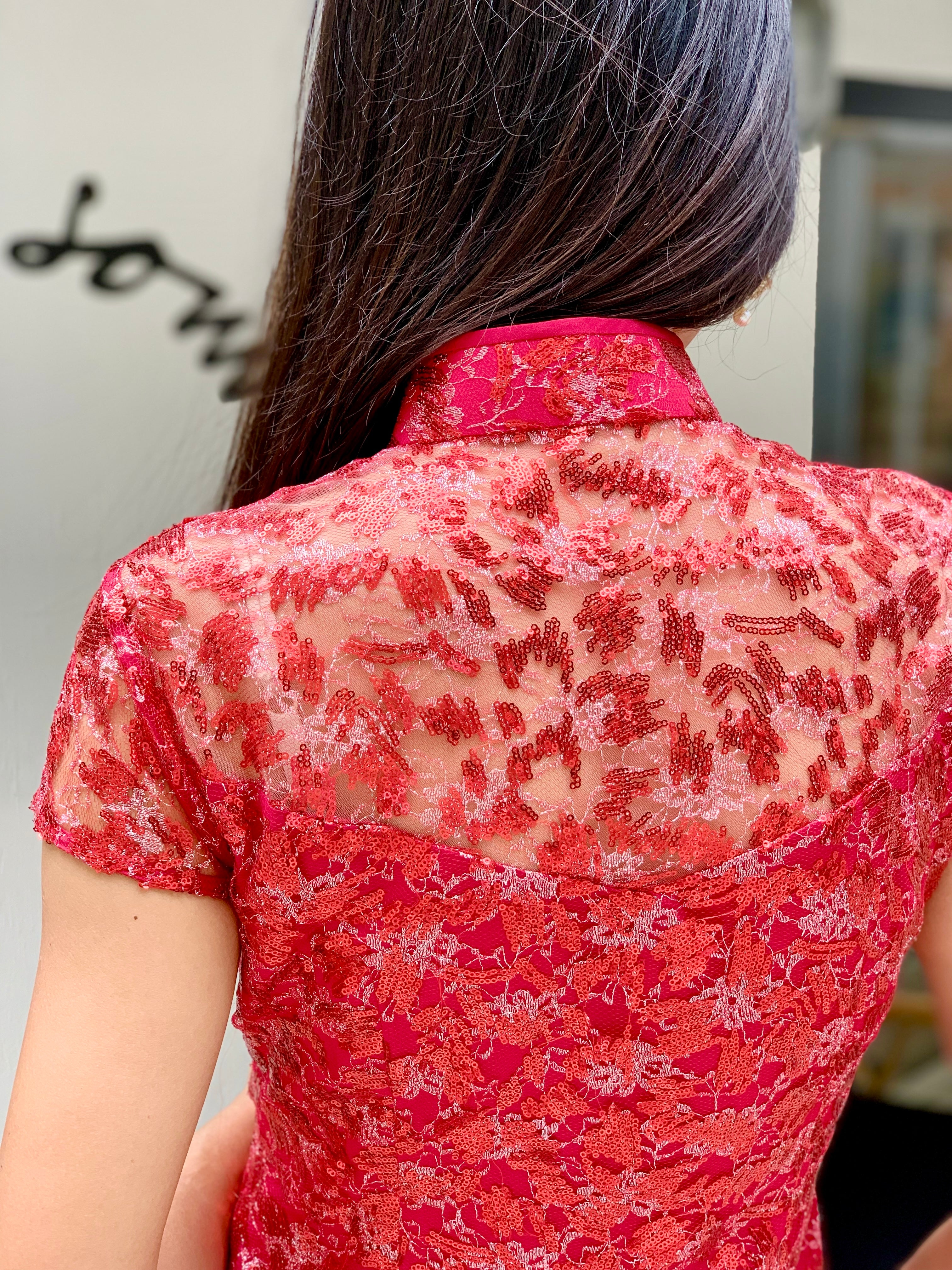 Yi-ming MARTHA 亮片紅色長旗袍