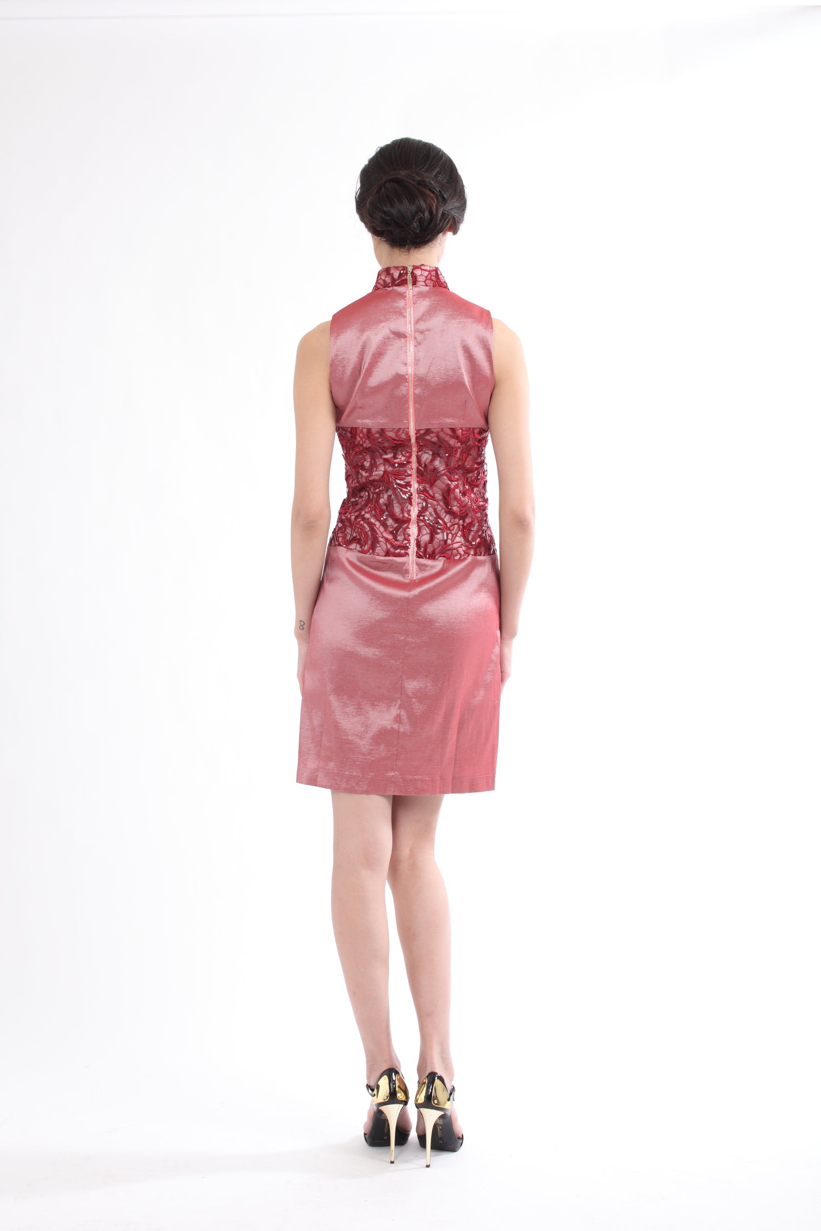 RED QIPAO WITH LACE INSERT PANEL