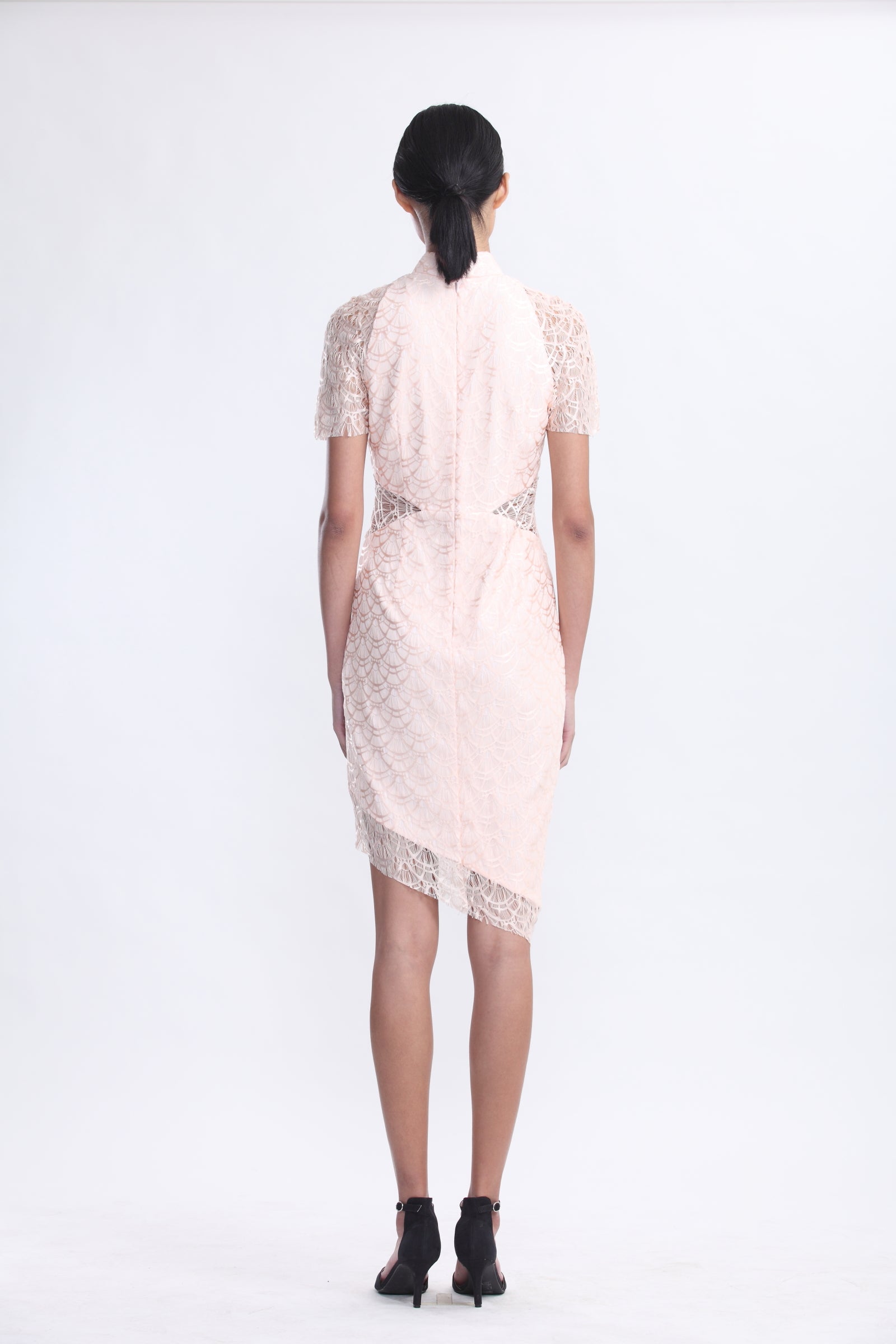 Light Pink Lace Short Sleeves Qipao with See-through waist