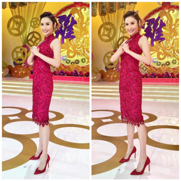 Stunning Janis Chan 陳貝兒 in Our Red Lace Sequin Cheongsam for Chinese New Year Kickoff Show on TVB