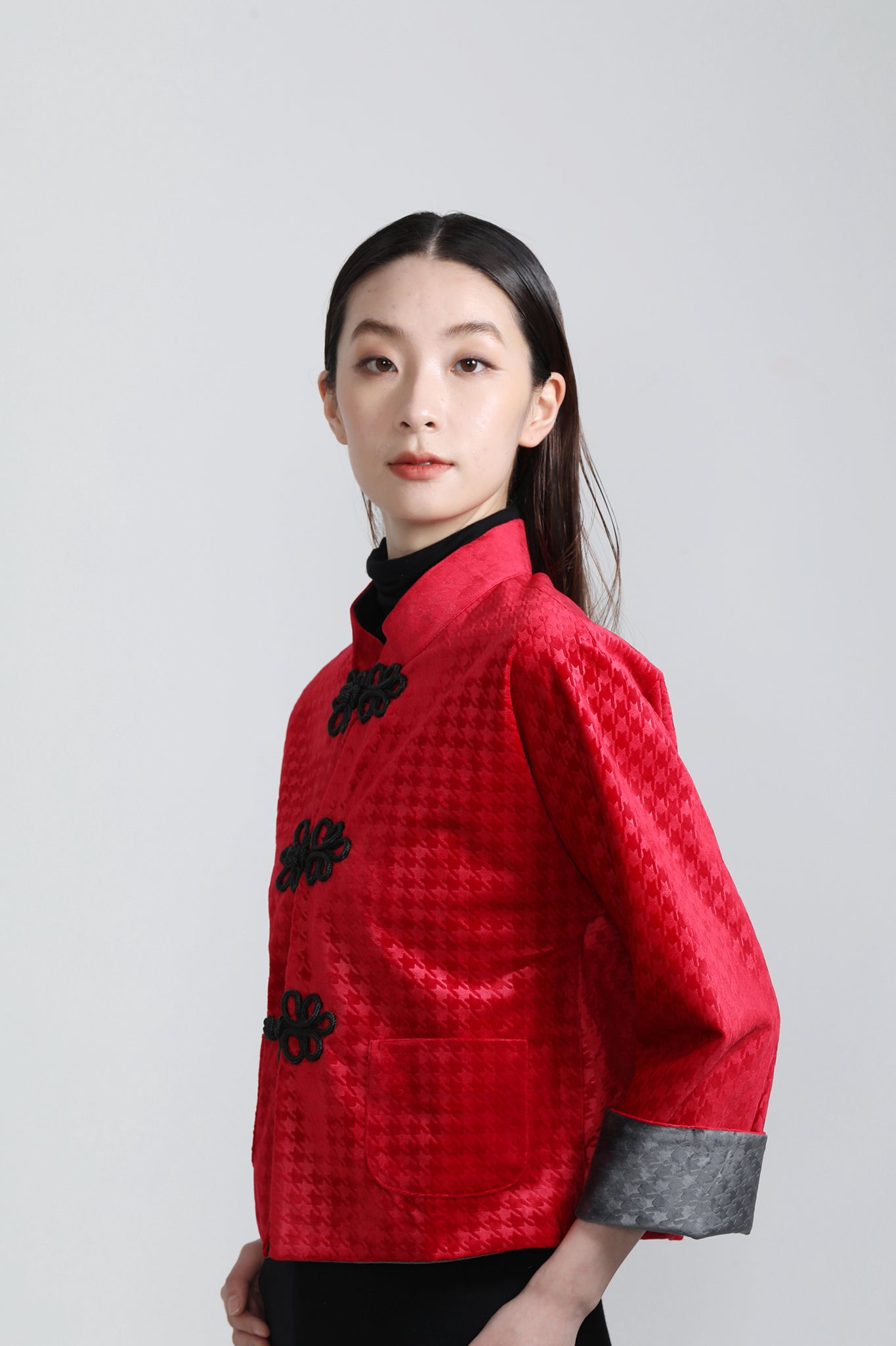 PANSY Houndstooth Vvt Reversible Oriental Jkt (Red & DkGrey)
