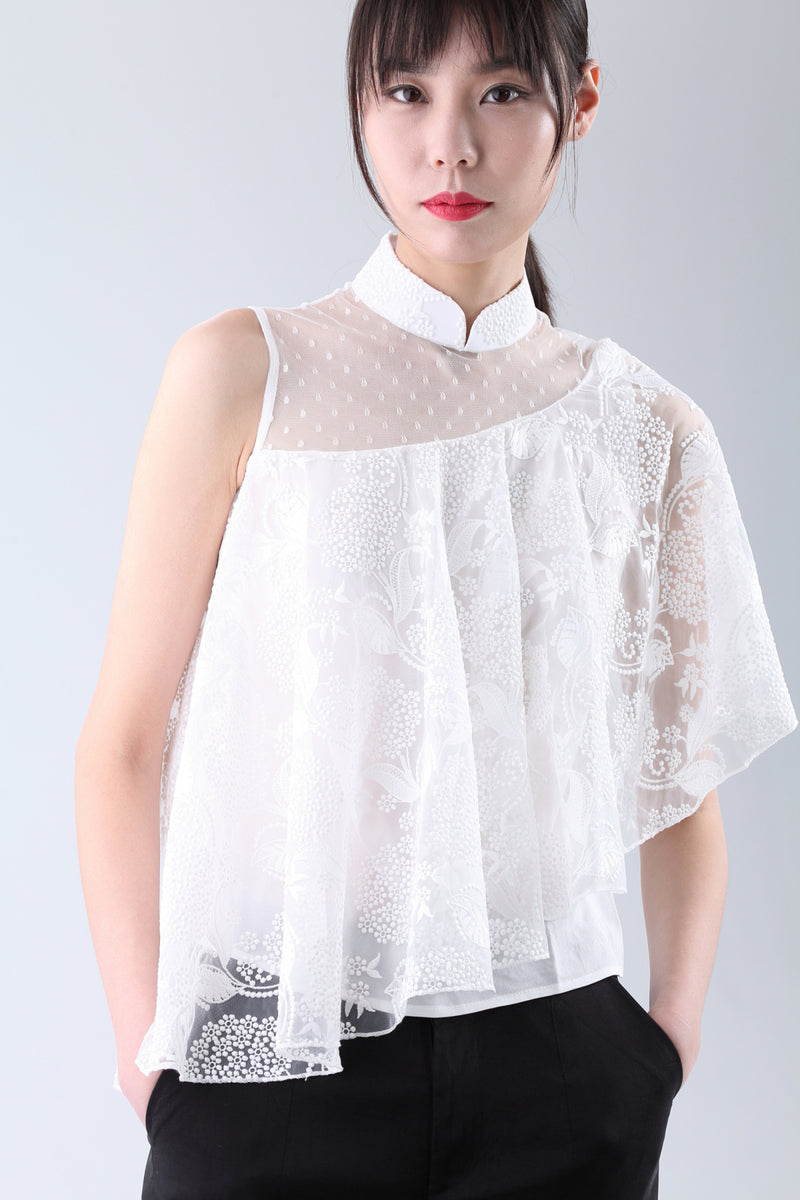 White Embroidered Mesh Drapery Asymmetric Lace Top