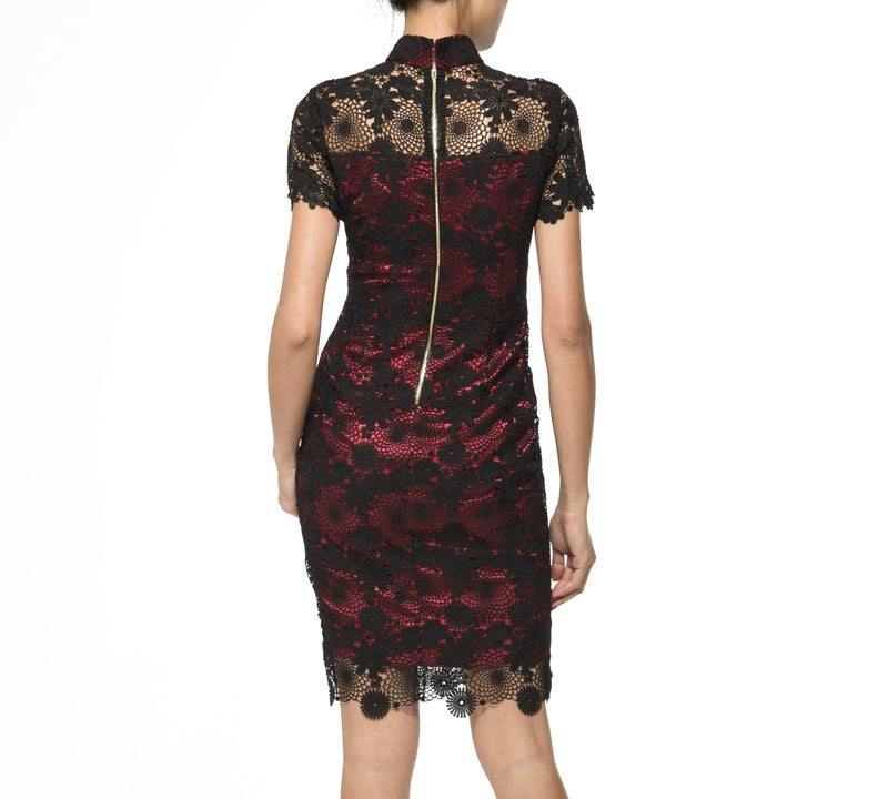BLACK AND RED SHORT SLEEVES QIPAO  WITH EMBROIDERED LACE TOP LAYER