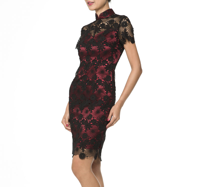 BLACK AND RED SHORT SLEEVES QIPAO  WITH EMBROIDERED LACE TOP LAYER