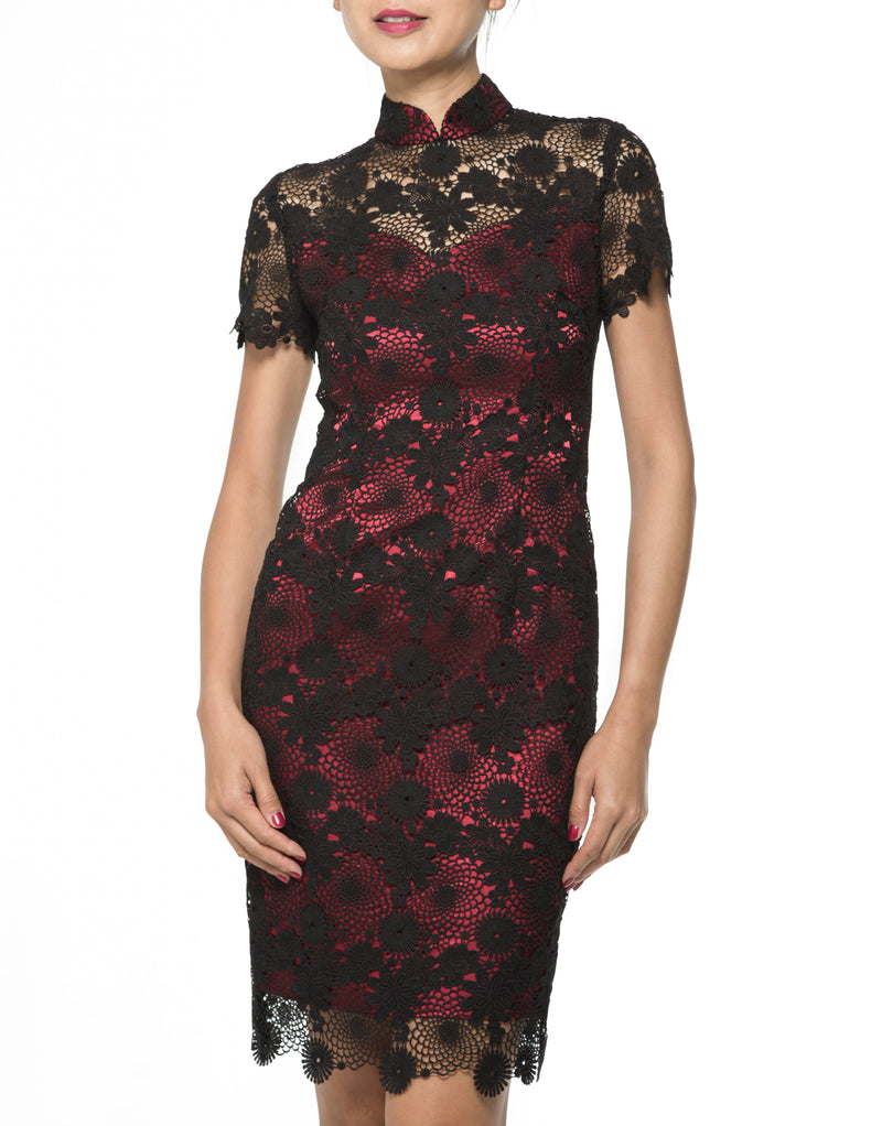 BLACK AND RED SHORT SLEEVES QIPAO  WITH EMBROIDERED LACE TOP LAYER