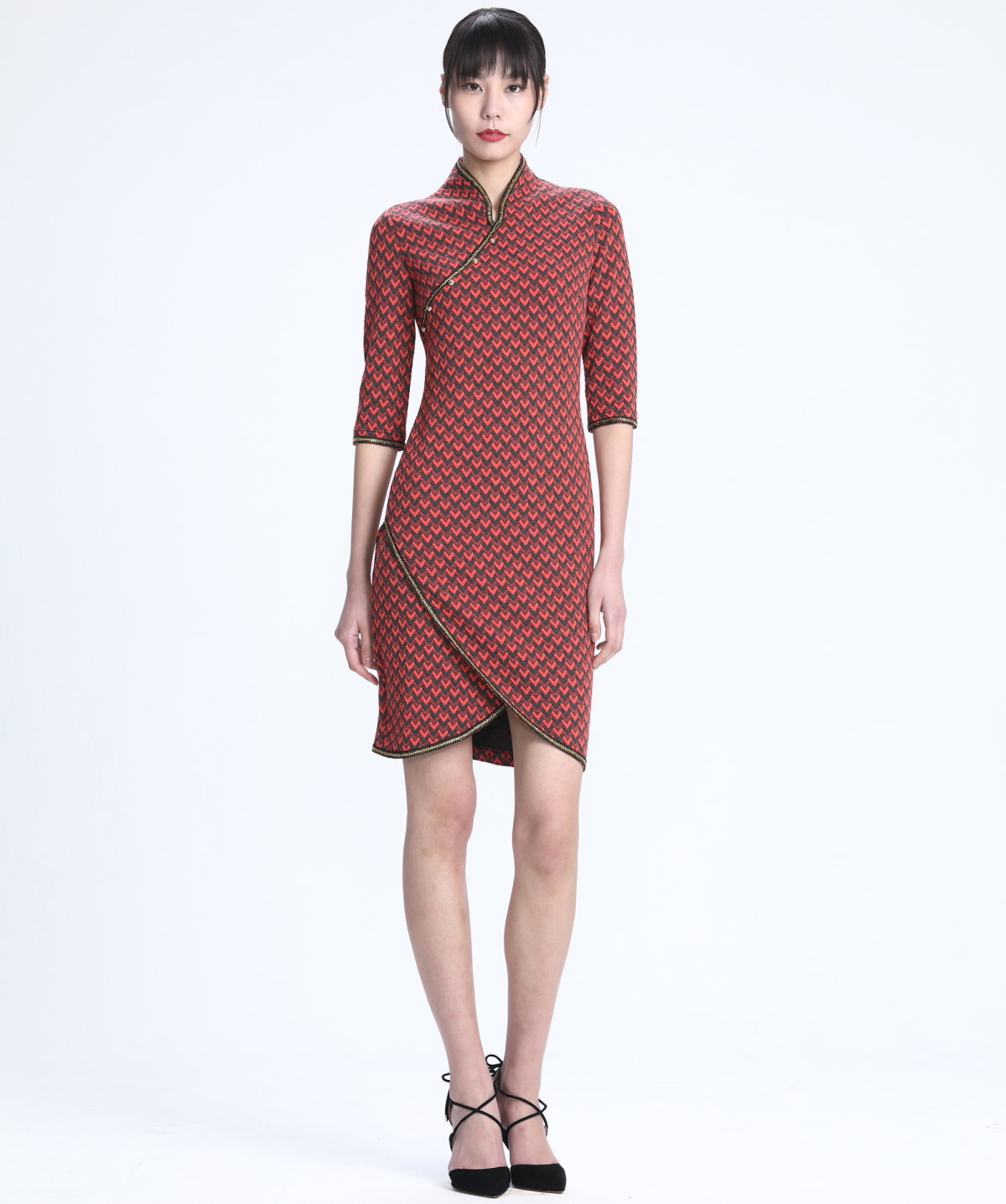 ORANGE AND DARK GREEN QUARTER SLEEVES LAYERED KNIT DRESS