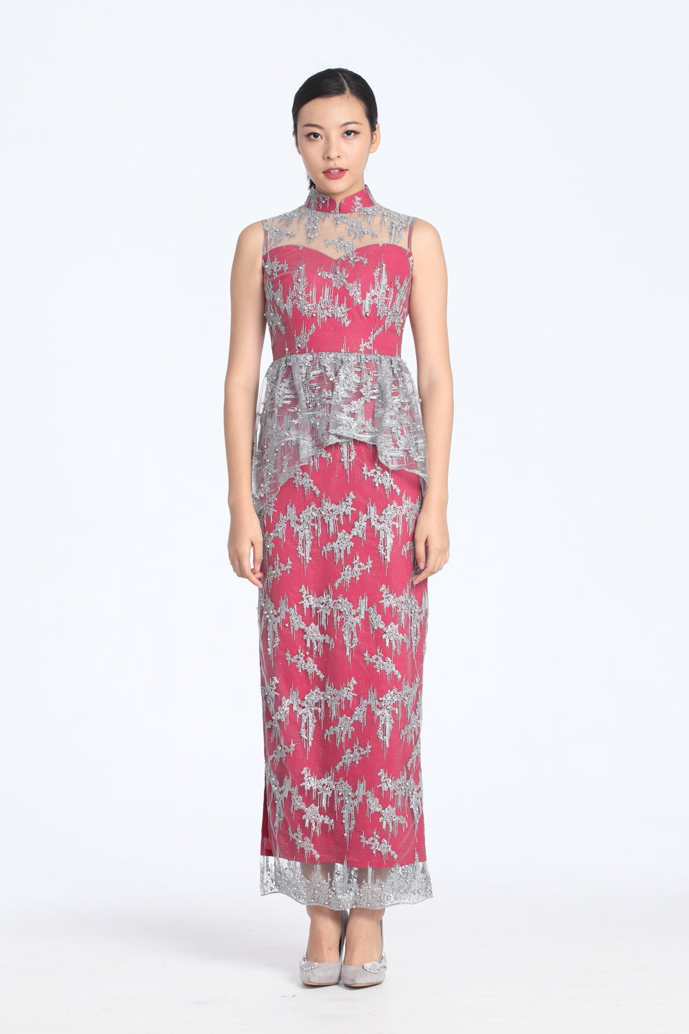 SILVER EMBROIDERY ON MESH RED LINING PEPLUM FULL LENGTH QIPAO WITH PEARL EMBELLISHMENT