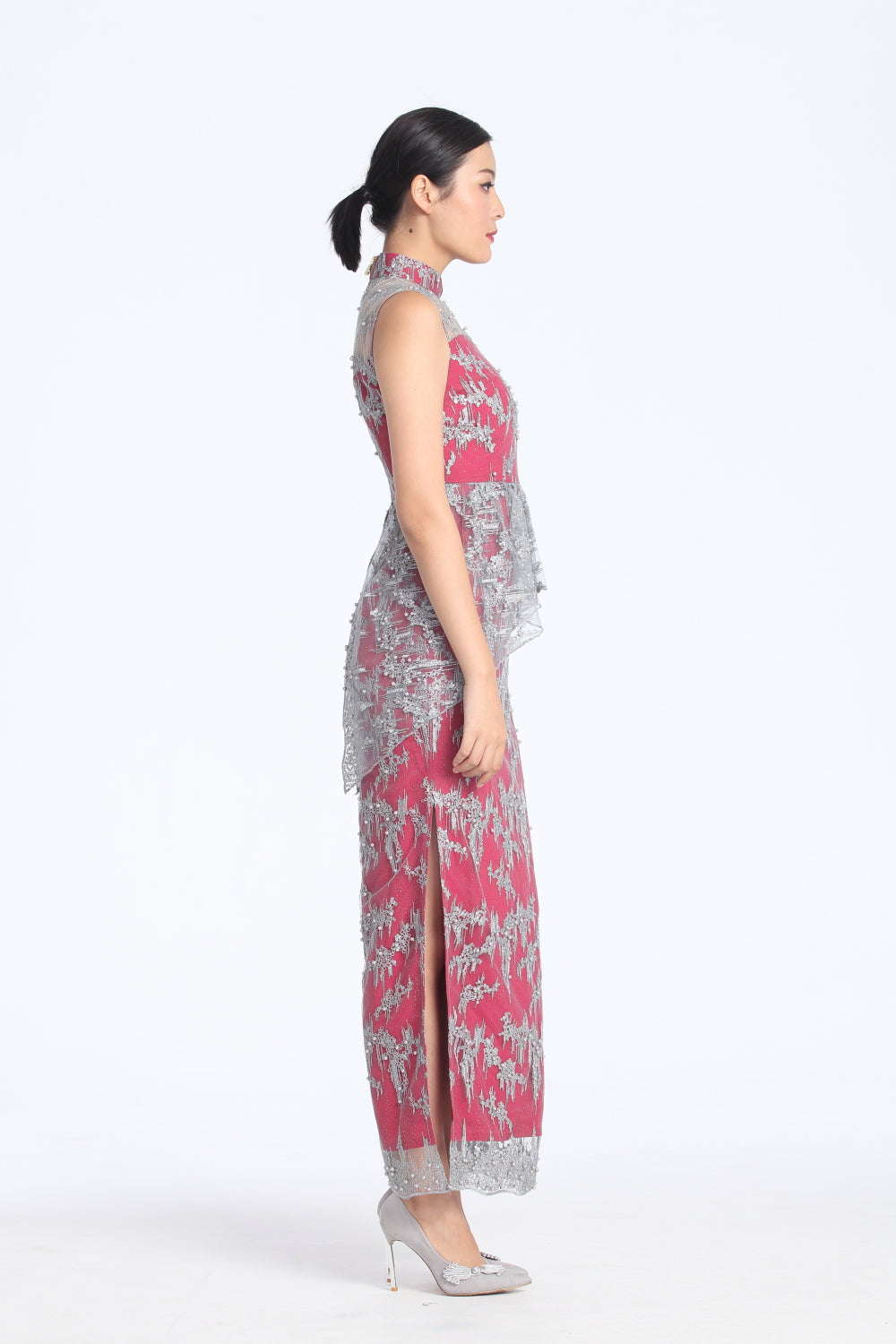 SILVER EMBROIDERY ON MESH RED LINING PEPLUM FULL LENGTH QIPAO WITH PEARL EMBELLISHMENT