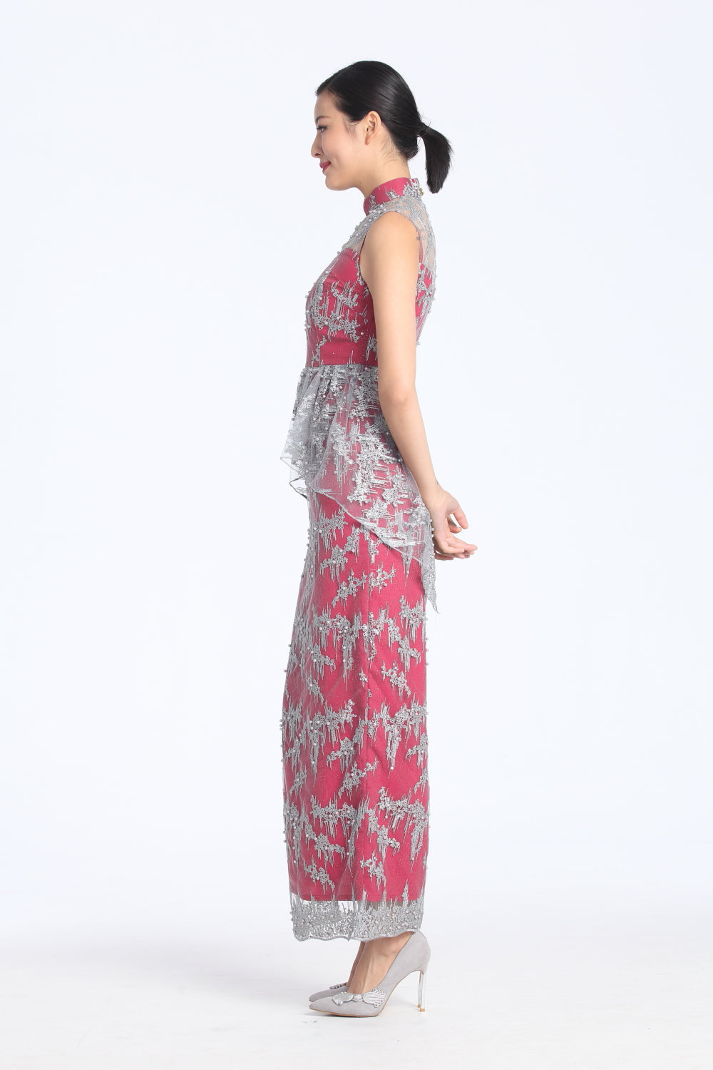 SILVER EMBROIDERY ON MESH RED LINING PEPLUM FULL LENGTH QIPAO WITH PEARL EMBELLISHMENT