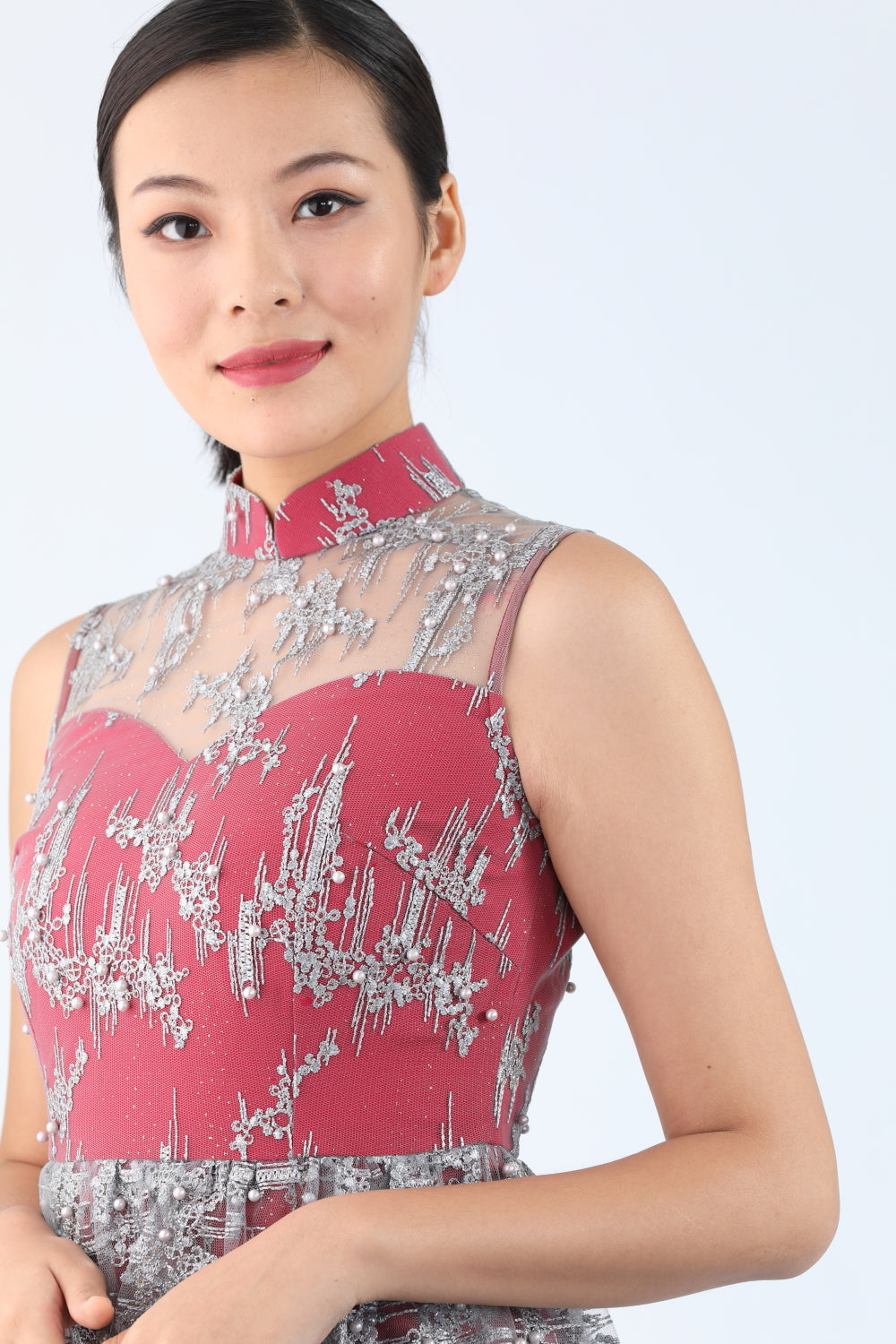 SILVER EMBROIDERY ON MESH RED LINING PEPLUM FULL LENGTH QIPAO WITH PEARL EMBELLISHMENT