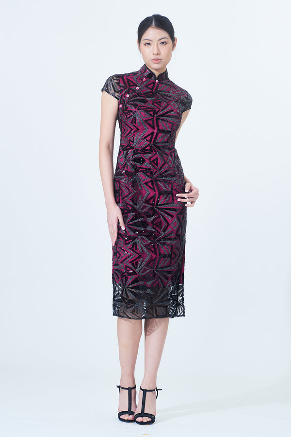 MARTHA Geometric Sequins Long Cheongsam (Black/ Fuchsia)