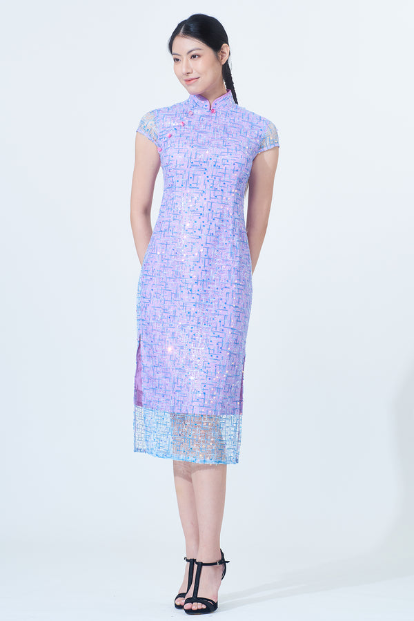 Yi-ming MARTHA 亮片紫色藍色長旗袍