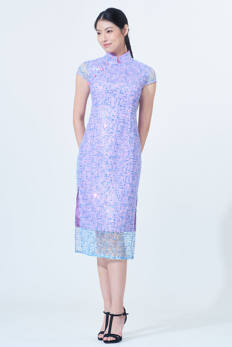 Yi-ming MARTHA 亮片紫色藍色長旗袍