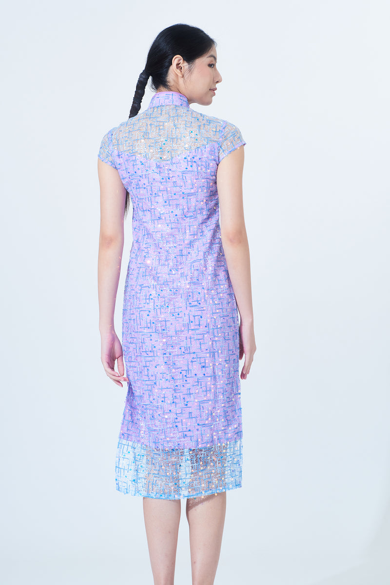 Yi-ming MARTHA 亮片紫色藍色長旗袍