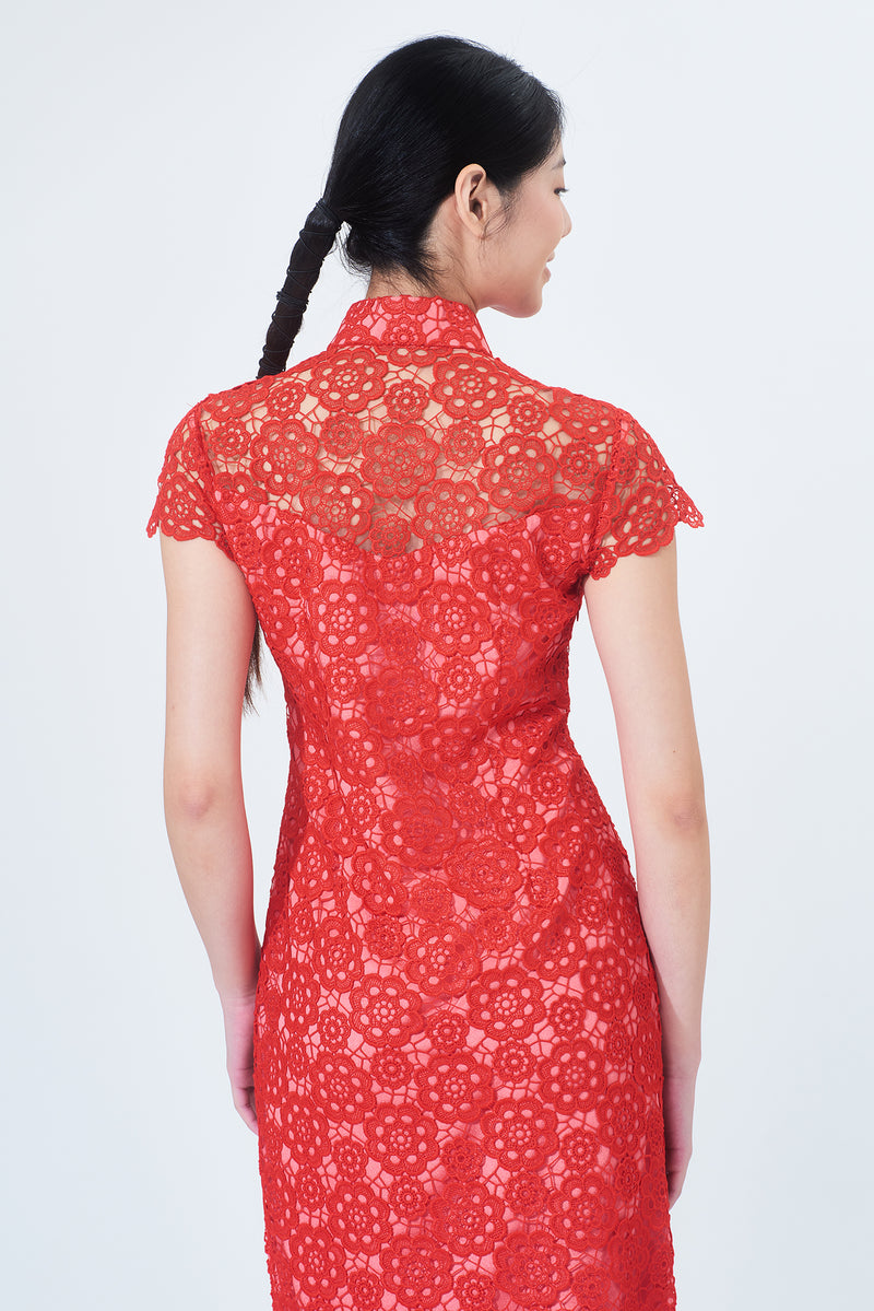 MARTHA Floral Lace Long Cheongsam (Red)