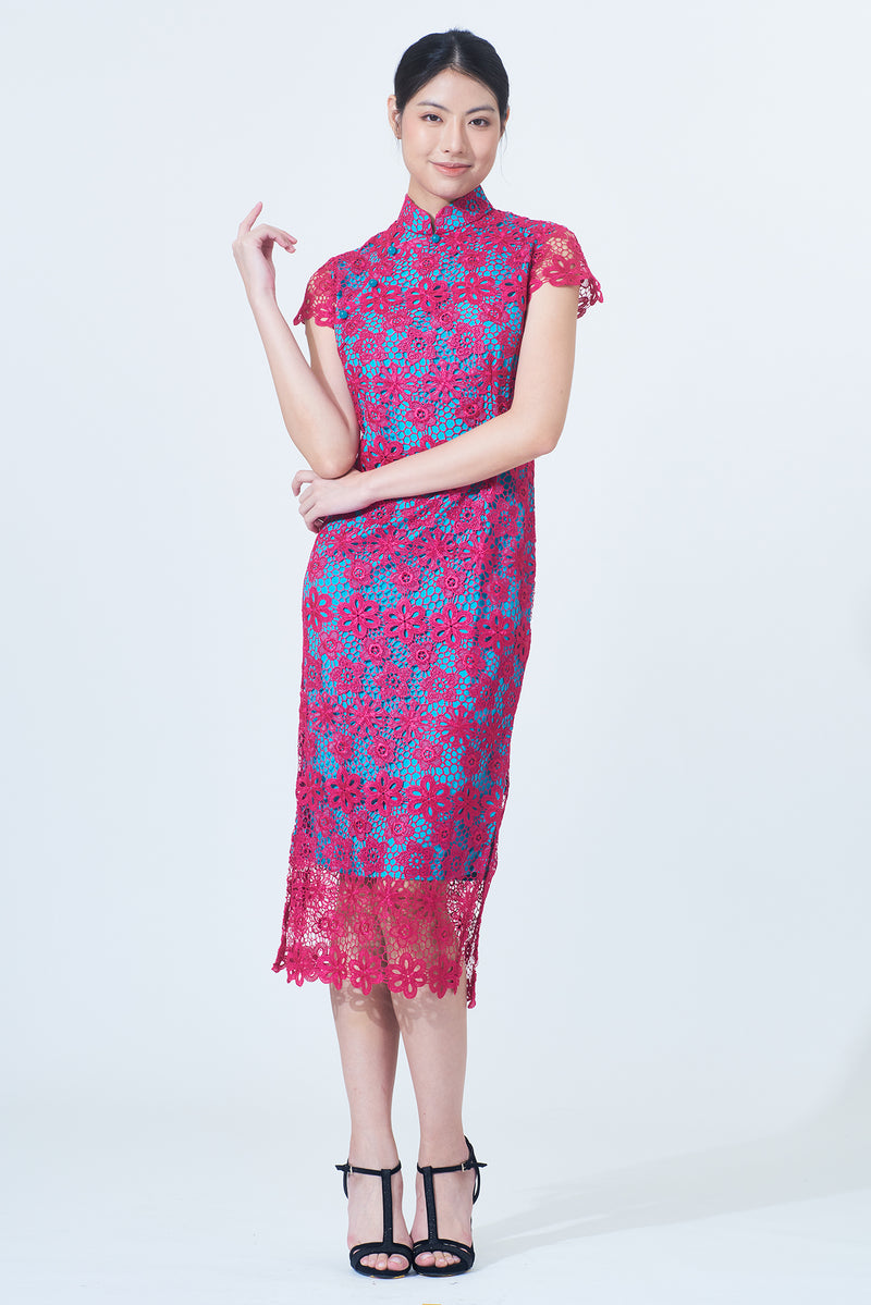 Yi-ming MARTHA 碎花蕾絲紫色水綠色長款旗袍